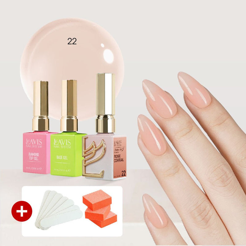 LAVIS Builder Gel in the Bottle Kit 3, FREE 5 MINI FILES + 3 BUFFERS: 22 - Rose Corral, Base, Top - 15ml - DTK Nail Supply