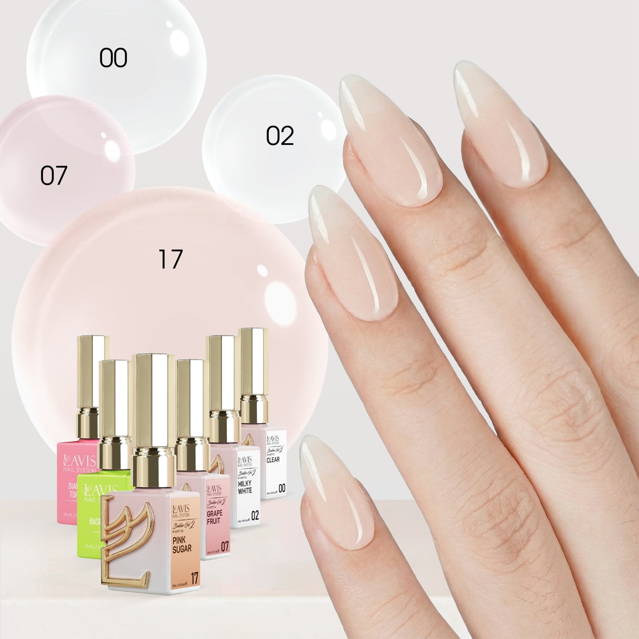 LAVIS Builder Gel in the Bottle Kit 6: 00, 02, 07, 17, Base, Top - 15ml - DTK Nail Supply