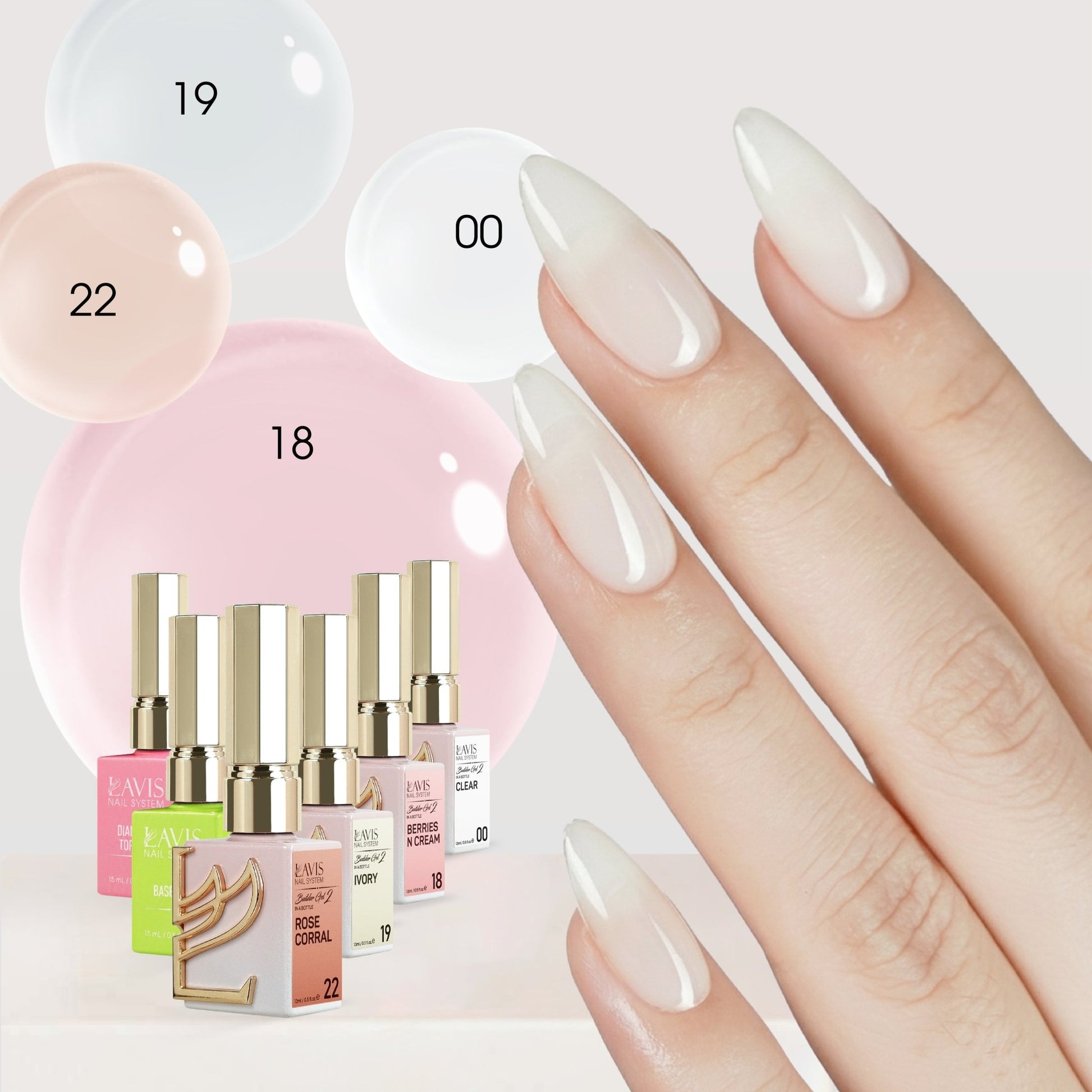 LAVIS Builder Gel in the Bottle Kit 6: 00, 18, 19, 22, Base, Top - 15ml - DTK Nail Supply
