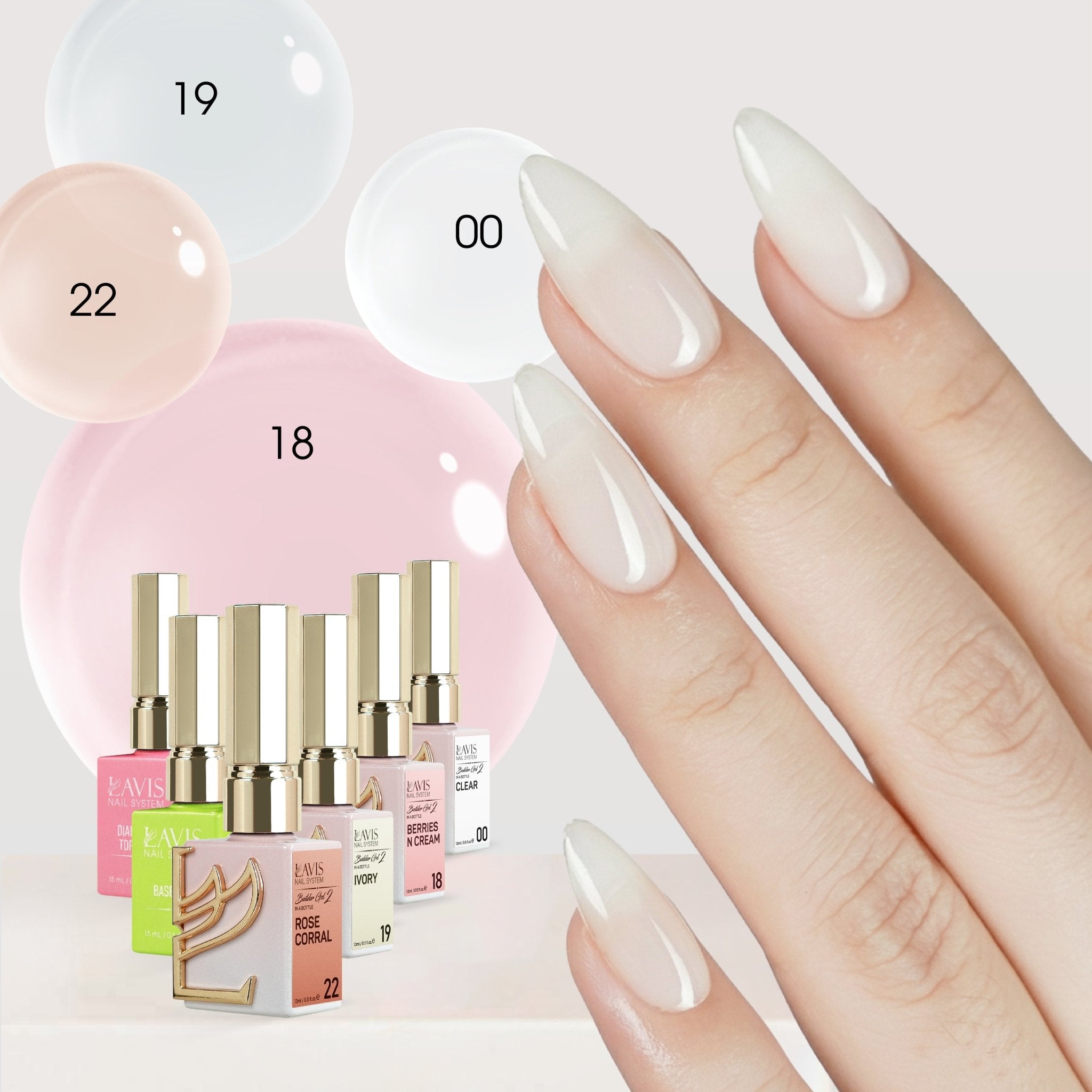 LAVIS Builder Gel in the Bottle Kit 6: 00, 18, 19, 22, Base, Top - 15ml - DTK Nail Supply