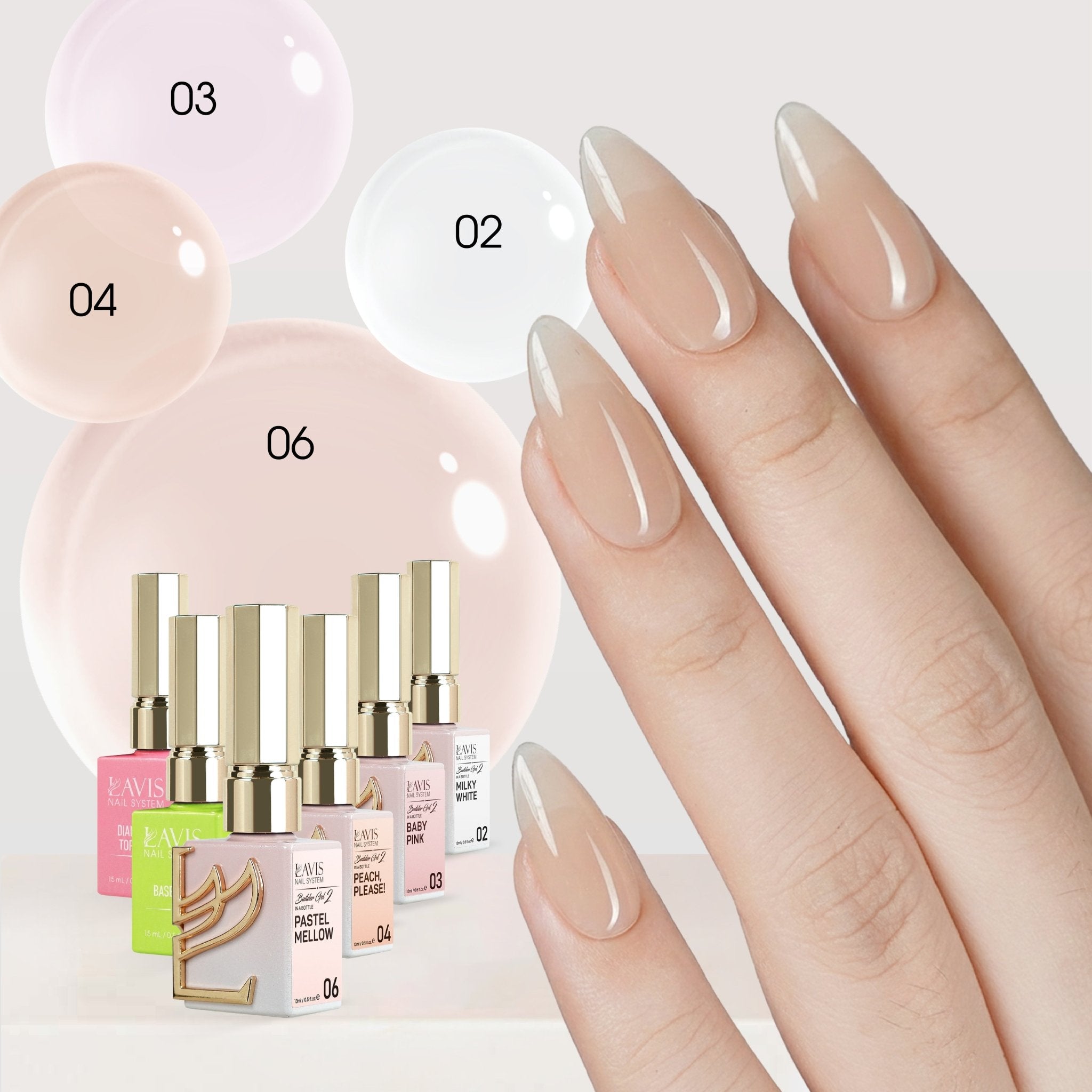 LAVIS Builder Gel in the Bottle Kit 6: 02, 03, 04, 06, Base, Top - 15ml - DTK Nail Supply