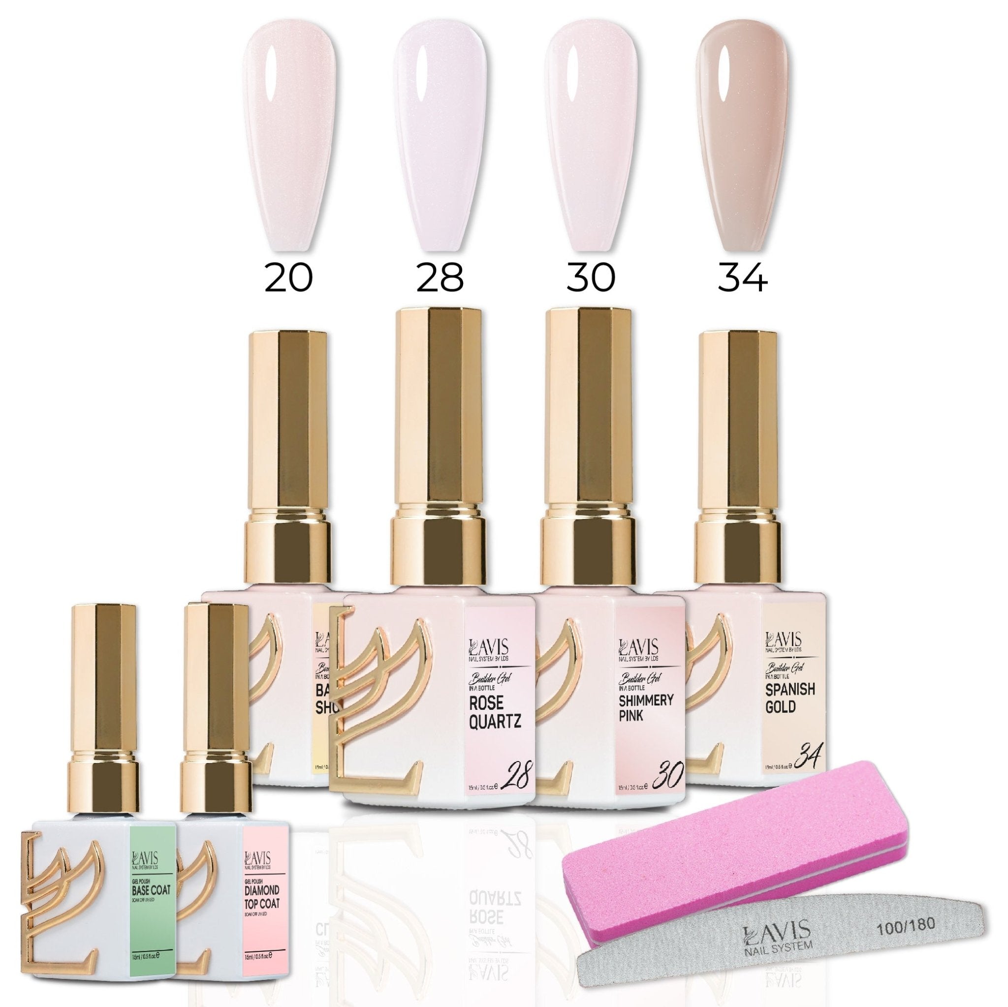 Lavis Builder Gel Set 8: 4 Builder Gel, 1 Base Gel, 1 Top Gel, 1 Buffer, 1 Nail Files - 20, 28, 30, 34 - DTK Nail Supply