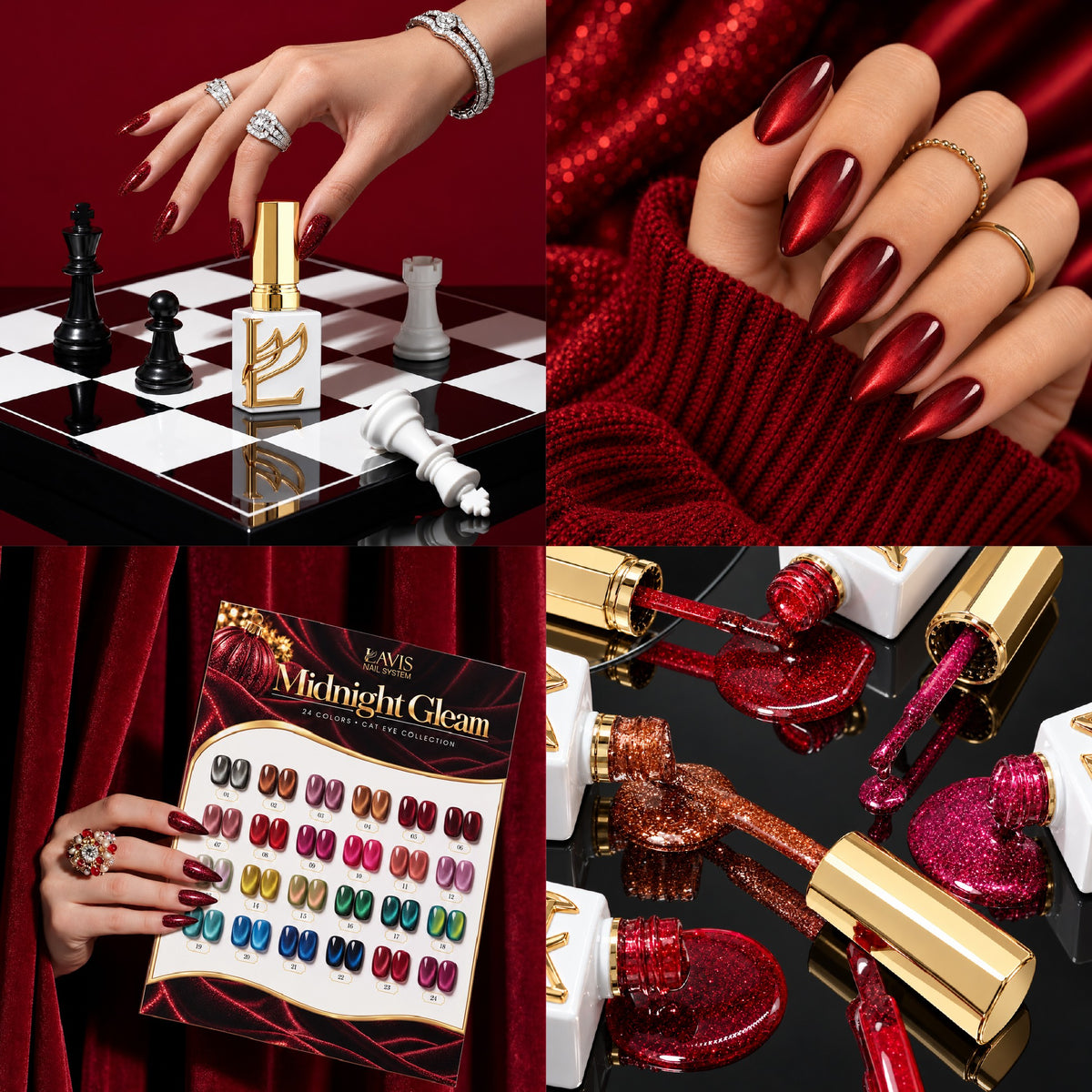 Lavis C18 Midnight Gleam Set 24 - Cat Eye Gel Polish 0.5oz Bundle + FREE Sample Color Board + FREE LAVIS Aurora Chrome Powder Jar + FREE A'DOR Drip Gloss Base & Top Coat Set - DTK Nail Supply