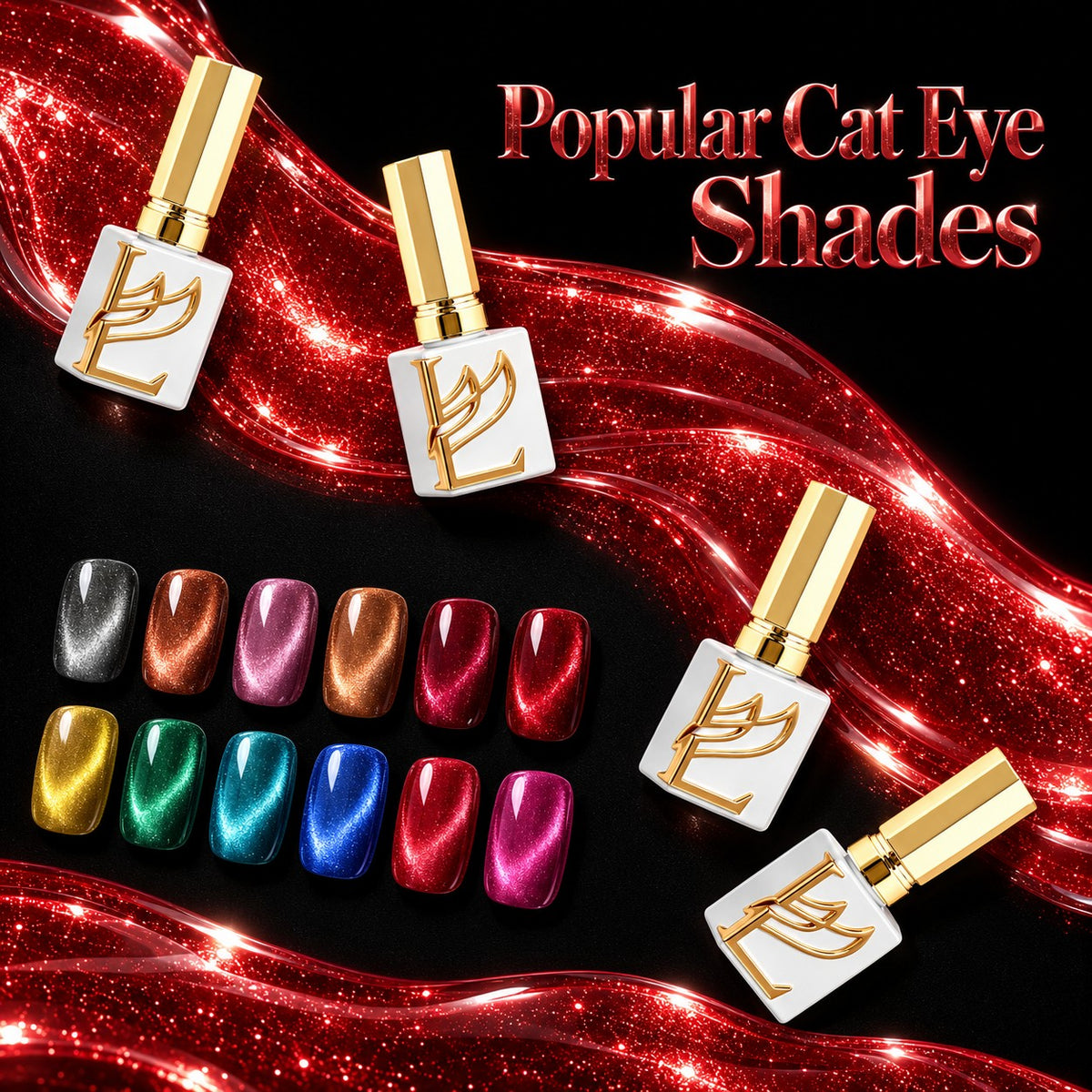 Lavis C18 Midnight Gleam Set 24 - Cat Eye Gel Polish 0.5oz Bundle + FREE Sample Color Board + FREE LAVIS Aurora Chrome Powder Jar + FREE A'DOR Drip Gloss Base & Top Coat Set - DTK Nail Supply