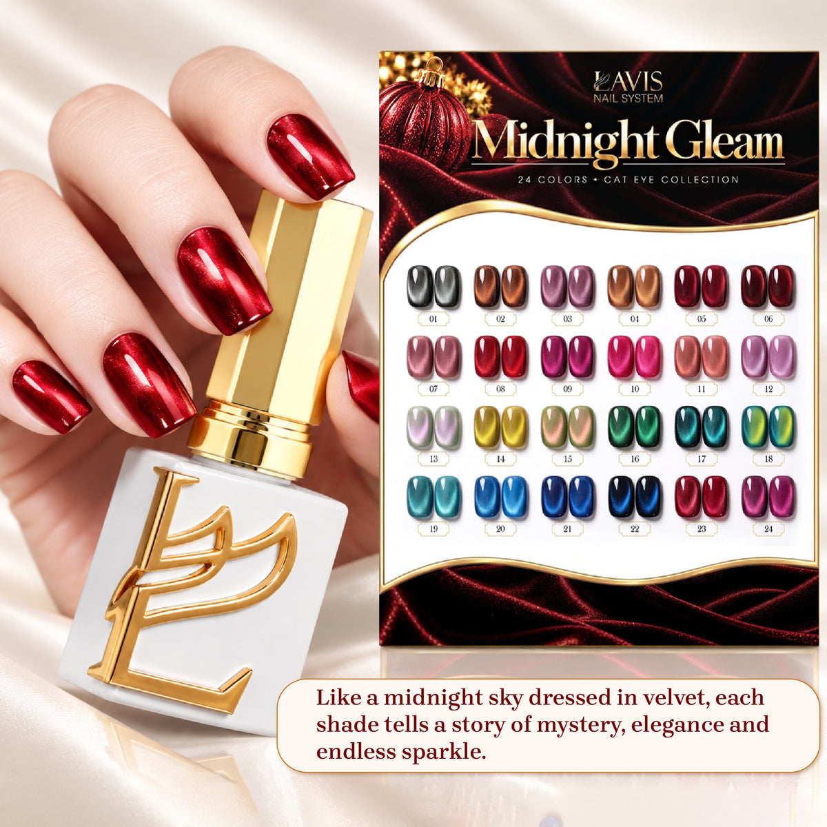 Lavis C18 Midnight Gleam Set 24 - Cat Eye Gel Polish 0.5oz Bundle + FREE Sample Color Board + FREE LAVIS Aurora Chrome Powder Jar + FREE A'DOR Drip Gloss Base & Top Coat Set - DTK Nail Supply