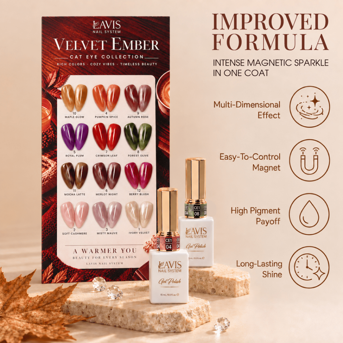 LAVIS Cat Eye 2 Sets 12 Colors Velvet Glow + Velvet Ember + FREE Magnet Stick + FREE A'DOR Foil Marble Ink Silver + FREE A'DOR Foil Marble Ink Gold + FREE Sample Color Chart
