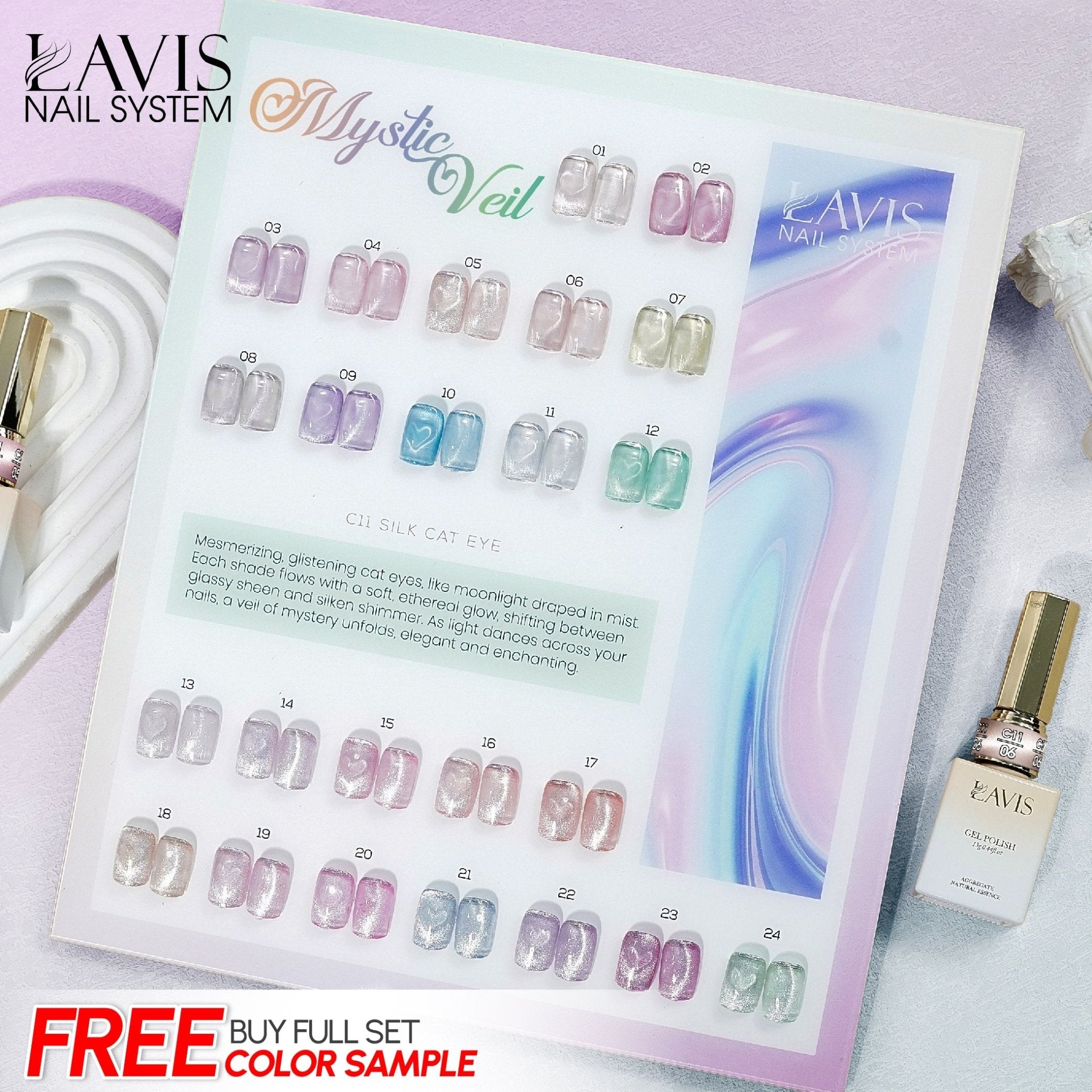 LAVIS Cat Eyes C11 - Set 24 Colors - Gel Polish 0.5 oz - Mystic Veil Collection - DTK Nail Supply