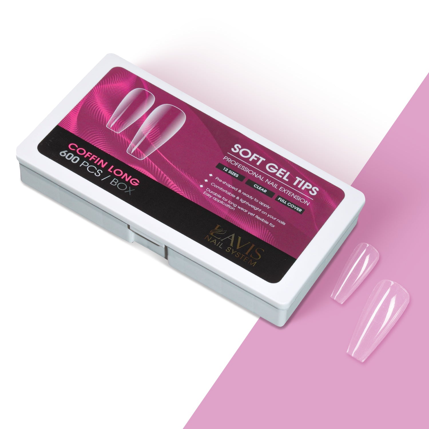 LAVIS Coffin Long - 12 Sizes Clear - Soft Gel Tips - DTK Nail Supply