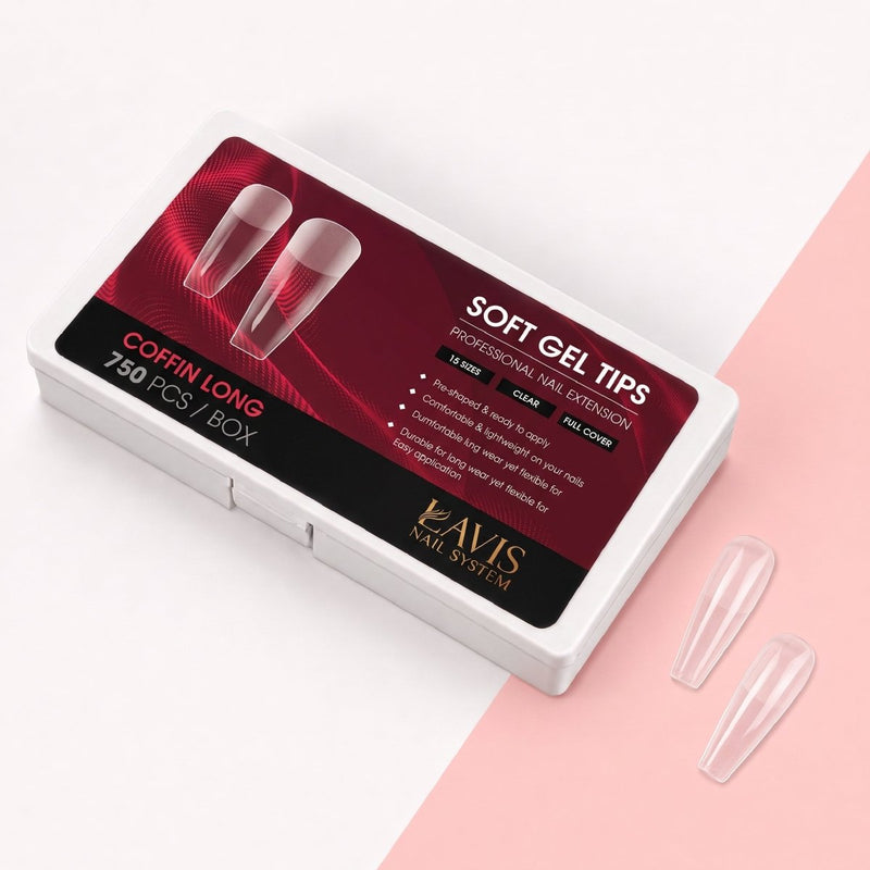 LAVIS Coffin Long - 15 Sizes Clear - Soft Gel Tips - DTK Nail Supply