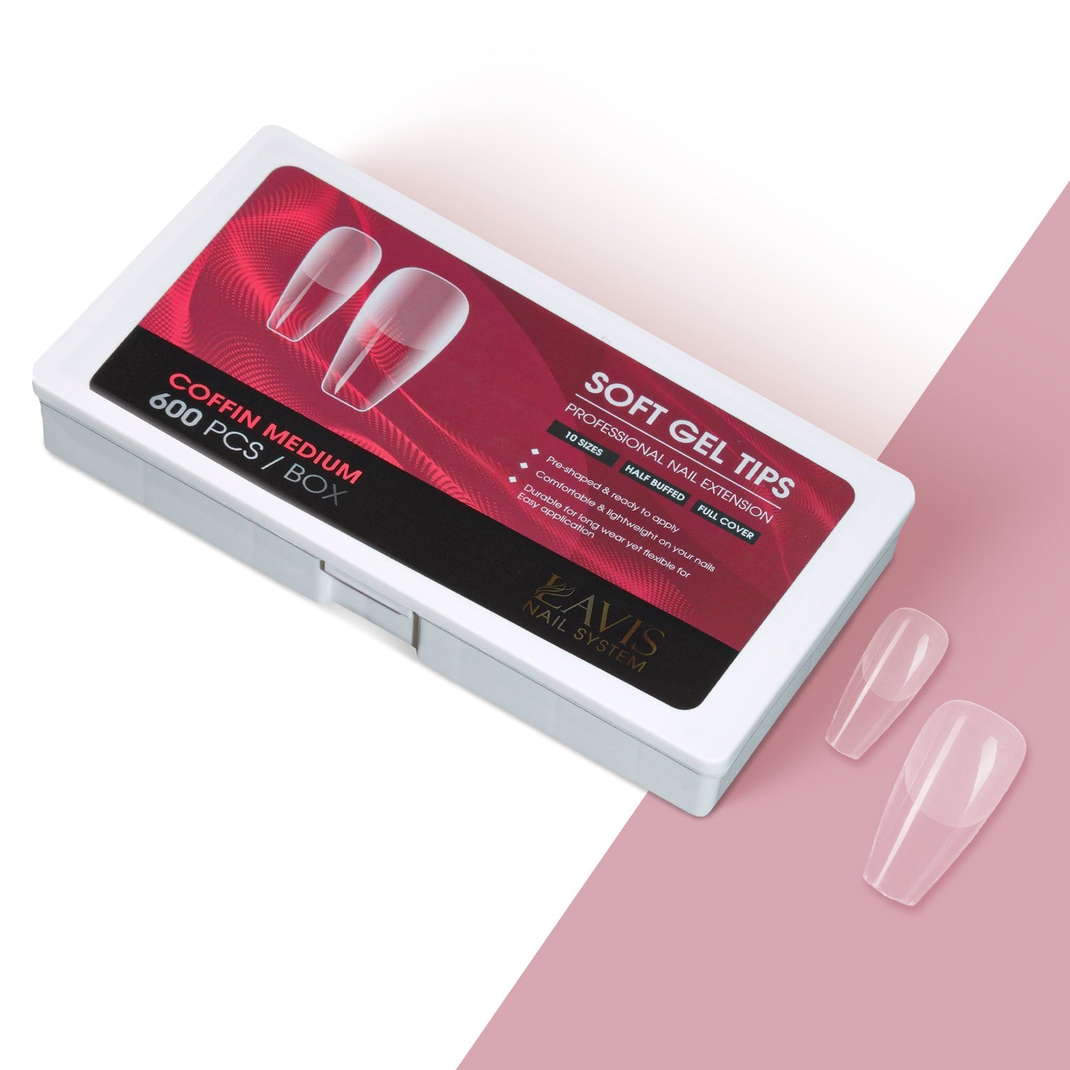 LAVIS Coffin Medium - 10 Sizes Half Buffed - Soft Gel Tips - DTK Nail Supply