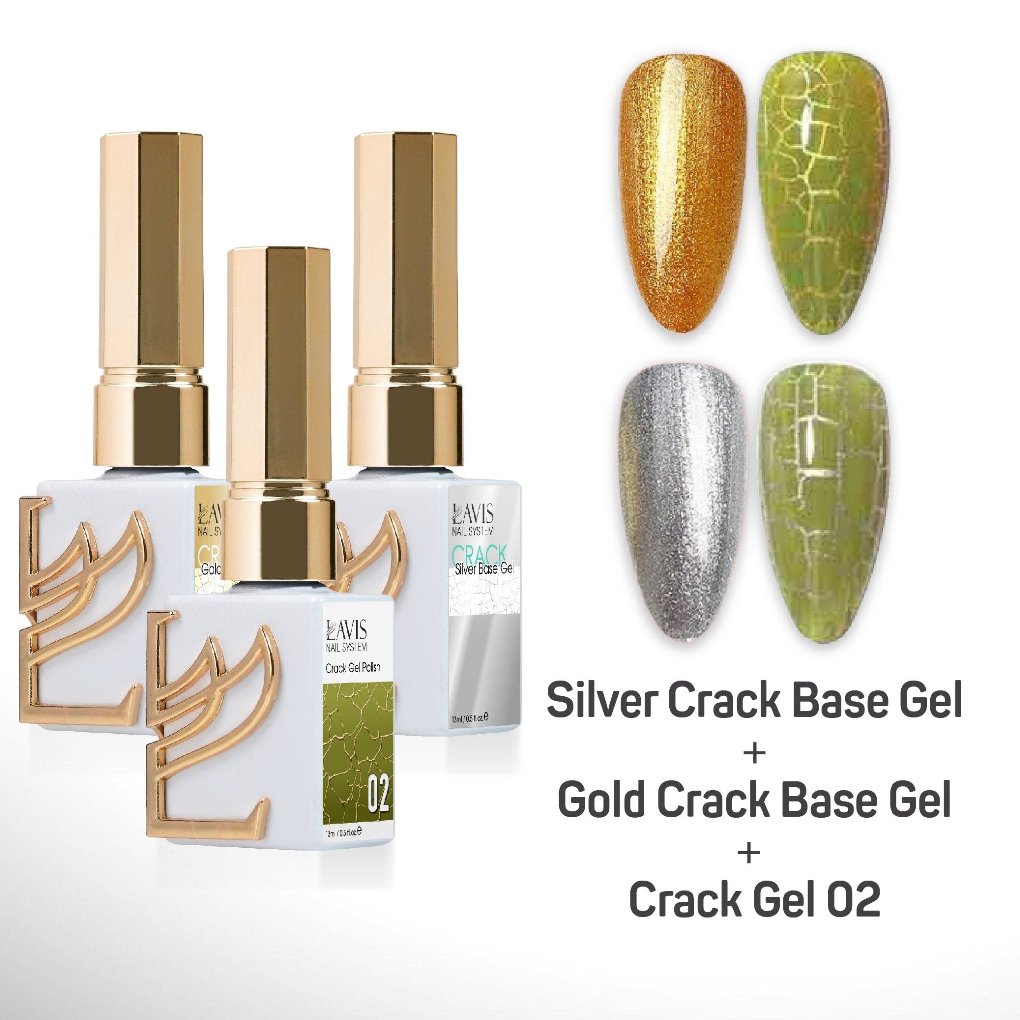 LAVIS Crack Gel 02 + Silver Crack Base Gel + Gold Crack Base Gel - 0.5 oz - DTK Nail Supply