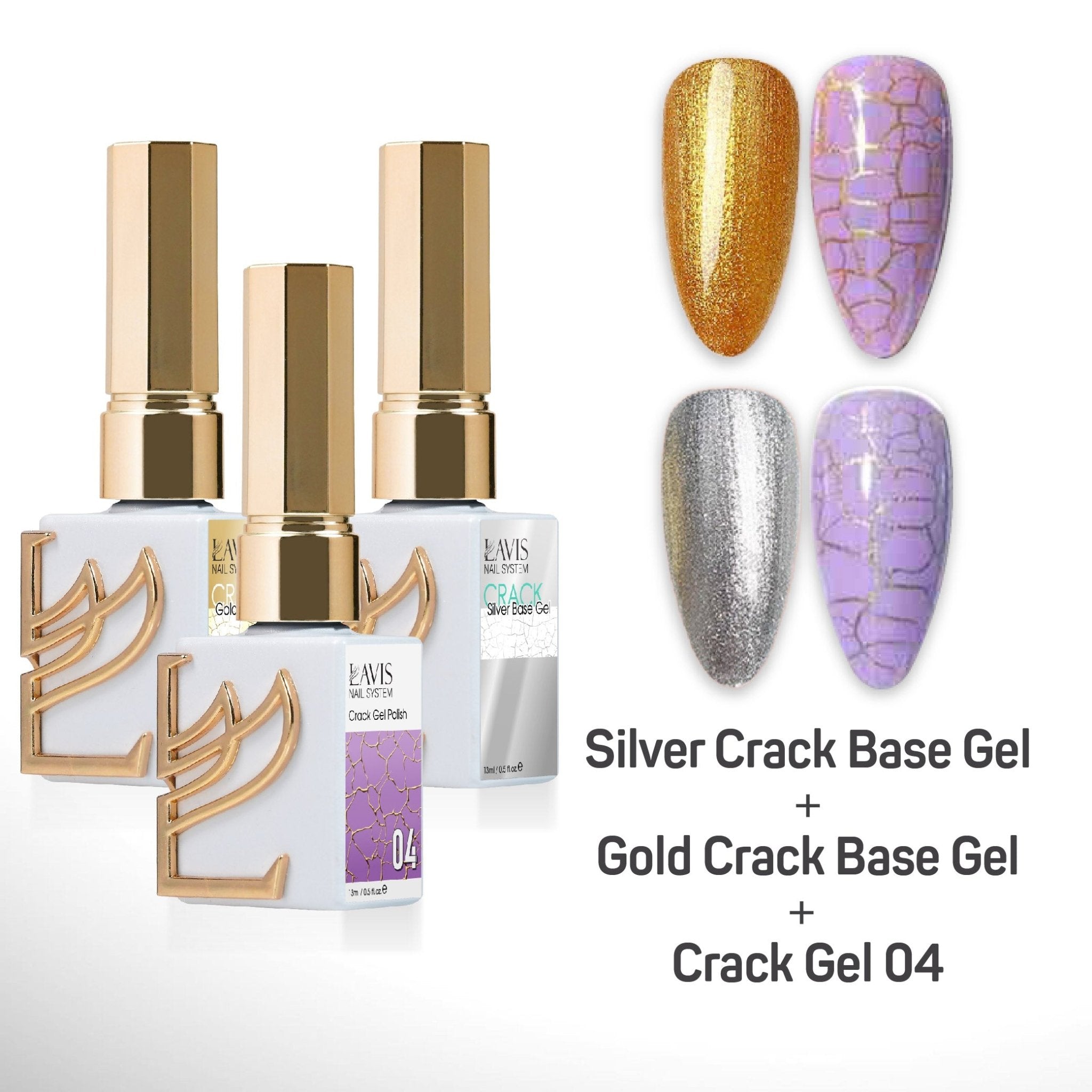 LAVIS Crack Gel 04 + Silver Crack Base Gel + Gold Crack Base Gel - 0.5 oz - DTK Nail Supply