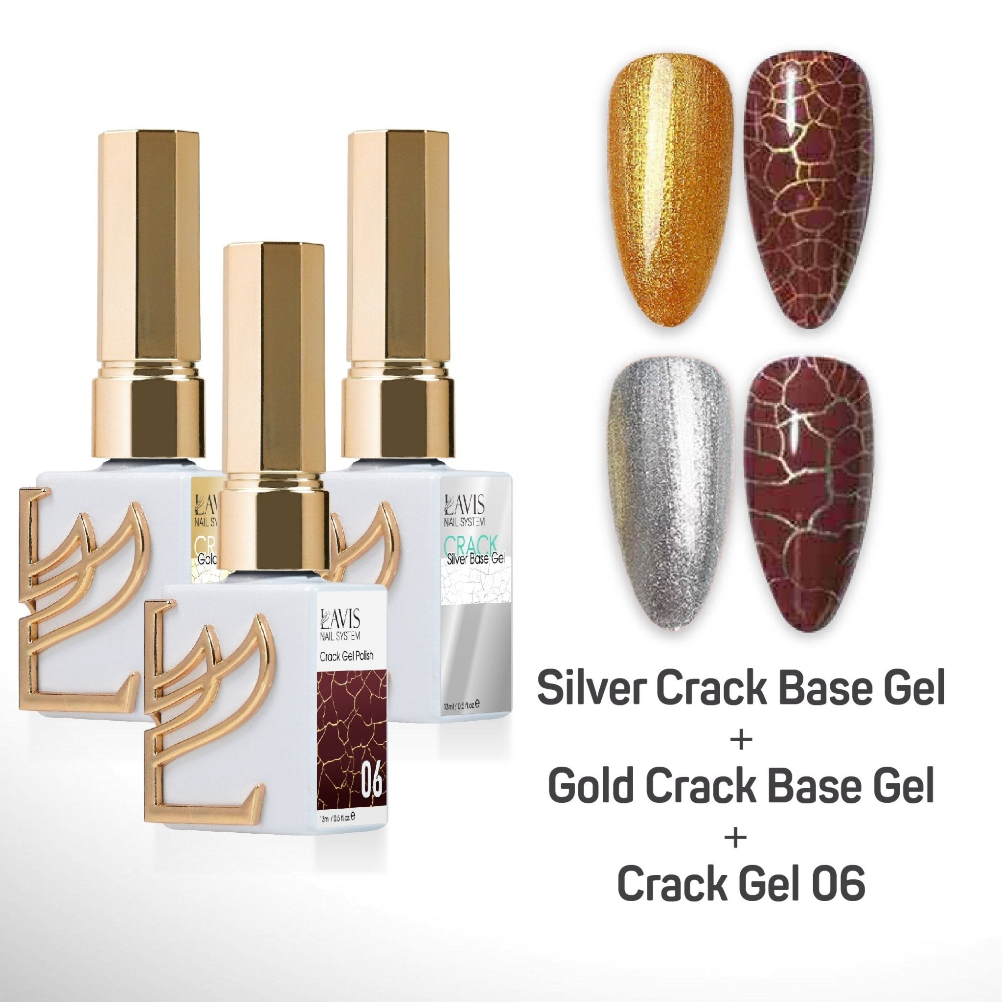 LAVIS Crack Gel 06 + Silver Crack Base Gel + Gold Crack Base Gel - 0.5 oz - DTK Nail Supply
