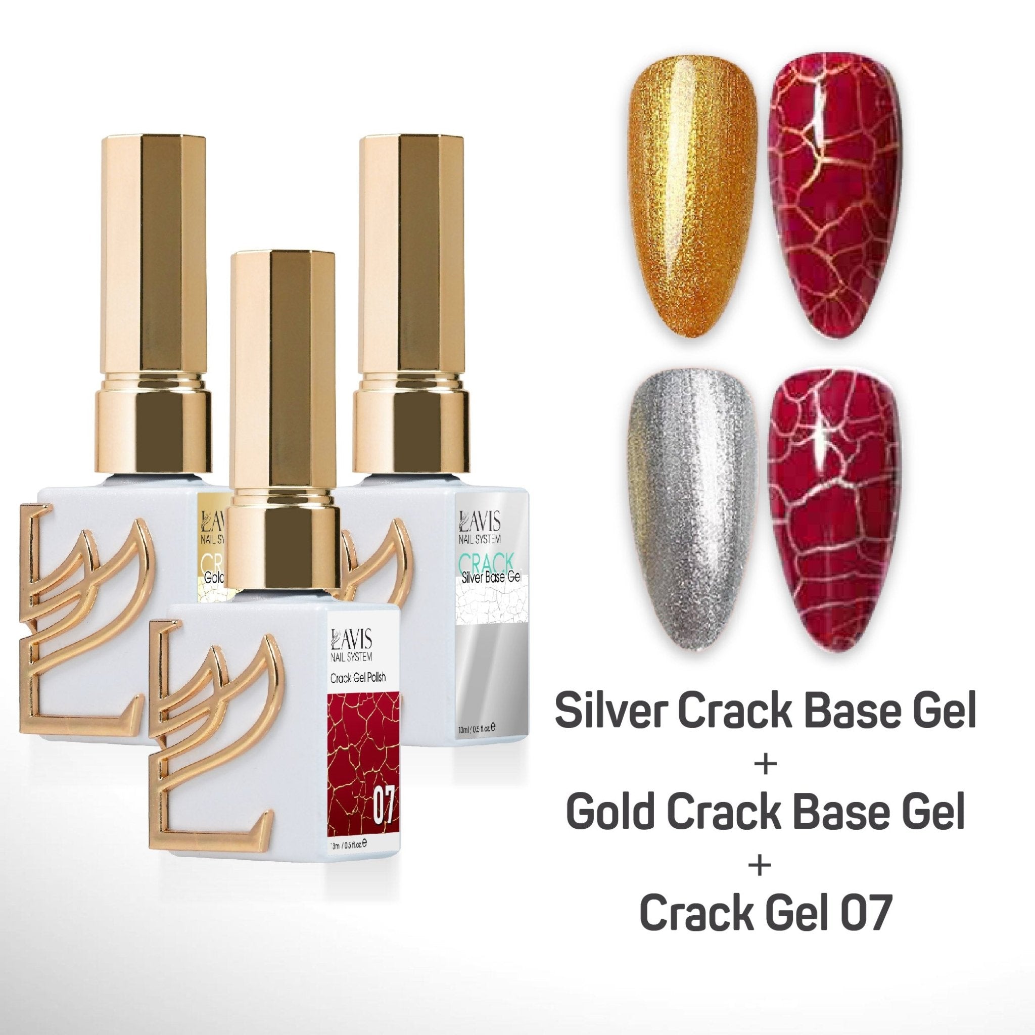 LAVIS Crack Gel 07 + Silver Crack Base Gel + Gold Crack Base Gel - 0.5 oz - DTK Nail Supply