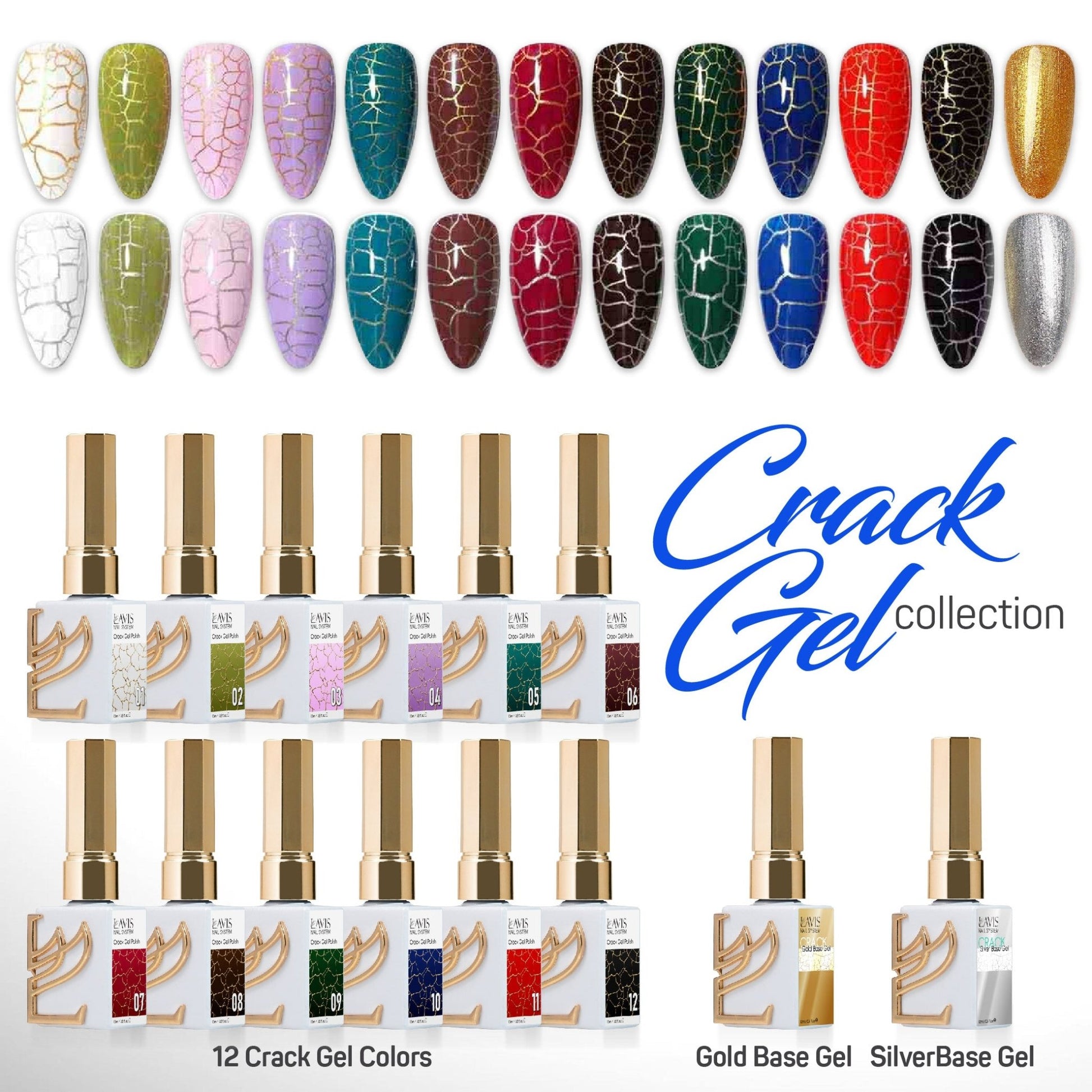 LAVIS Crack Gel Base Set 14 Colors - 0.5 oz - DTK Nail Supply