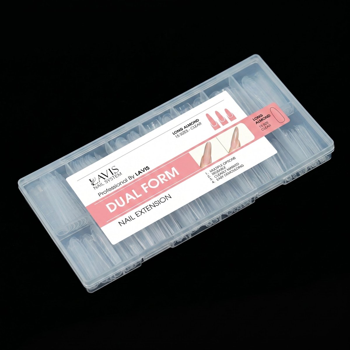 LAVIS - Dual Form Long Almond 15 Sizes Clear - DTK Nail Supply