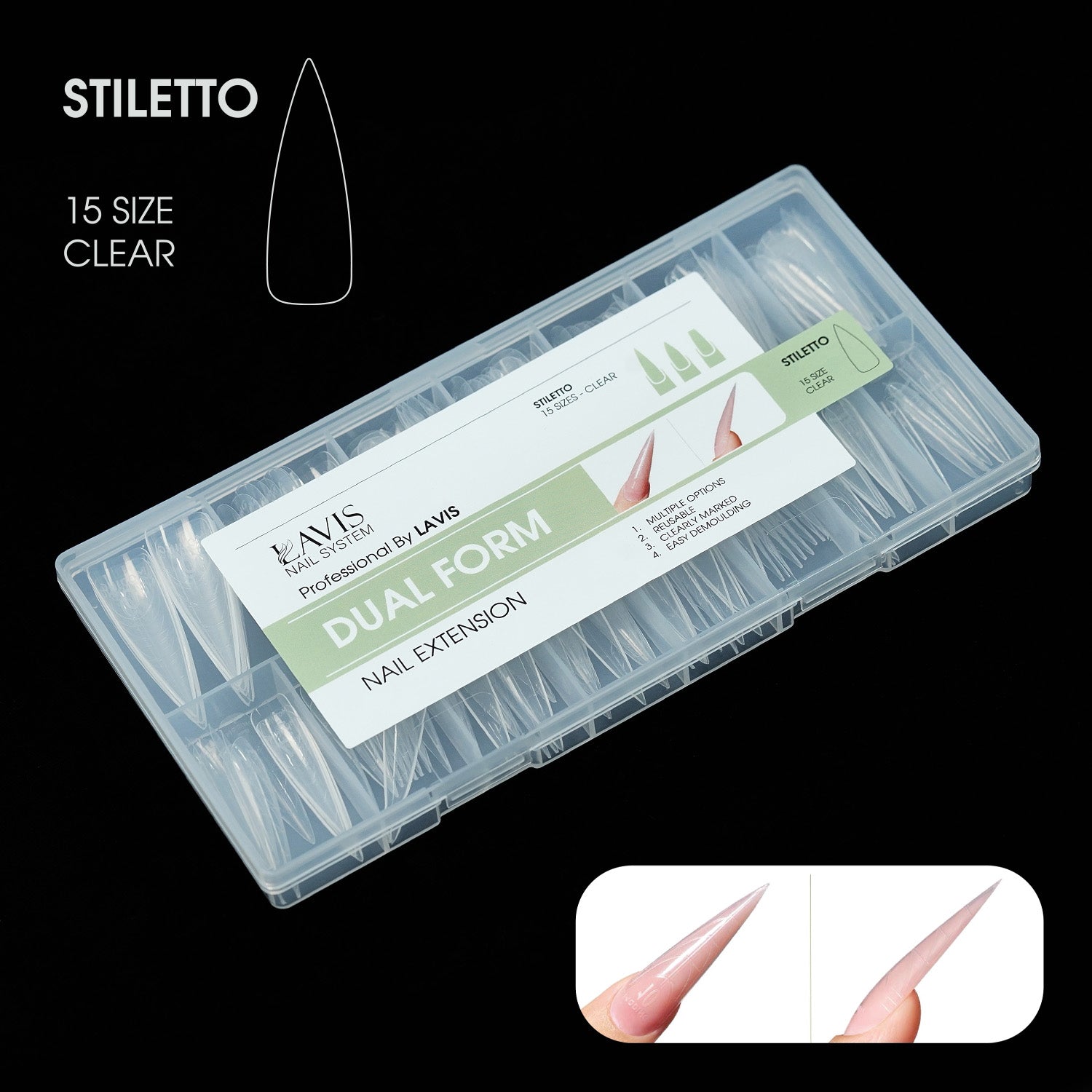LAVIS - Dual Form Stiletto 15 Sizes Clear - DTK Nail Supply