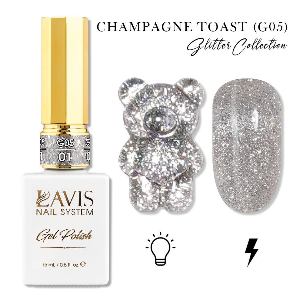 LAVIS Glitter G05 - 01 - Gel Polish 0.5oz - Champagne Toast Glitter Collection - DTK Nail Supply