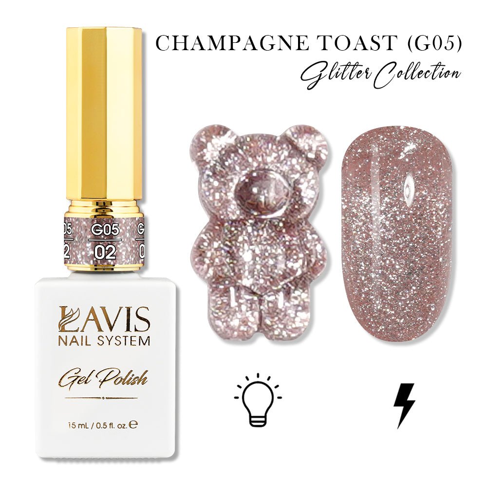 LAVIS Glitter G05 - 02 - Gel Polish 0.5oz - Champagne Toast Glitter Collection - DTK Nail Supply