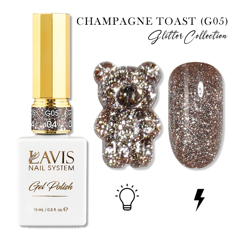 LAVIS Glitter G05 - 04 - Gel Polish 0.5oz - Champagne Toast Glitter Collection - DTK Nail Supply