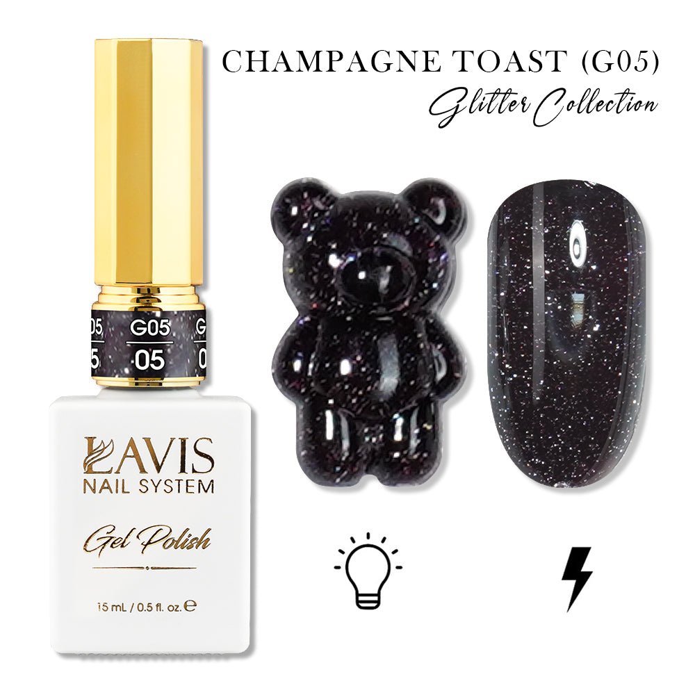 LAVIS Glitter G05 - 05 - Gel Polish 0.5oz - Champagne Toast Glitter Collection - DTK Nail Supply