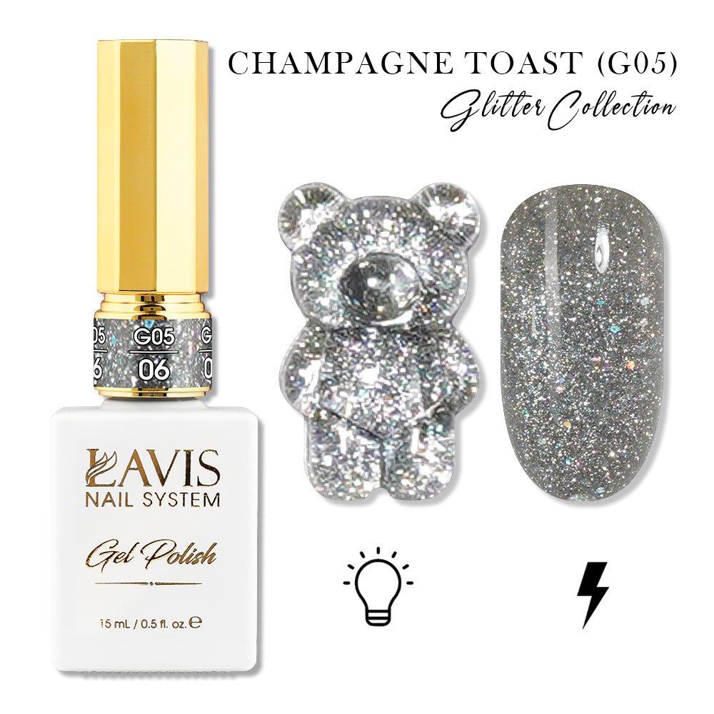 LAVIS Glitter G05 - 06 - Gel Polish 0.5oz - Champagne Toast Glitter Collection - DTK Nail Supply