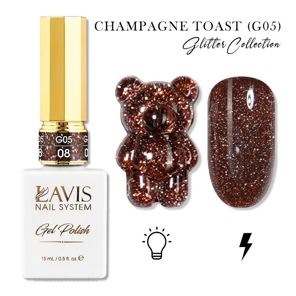 LAVIS Glitter G05 - 08 - Gel Polish 0.5oz - Champagne Toast Glitter Collection - DTK Nail Supply