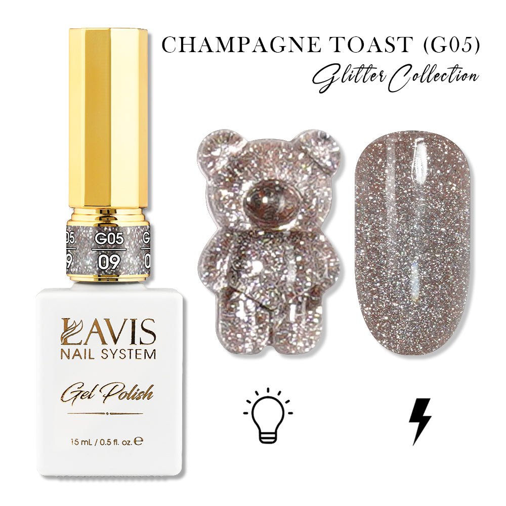 LAVIS Glitter G05 - 09 - Gel Polish 0.5oz - Champagne Toast Glitter Collection - DTK Nail Supply