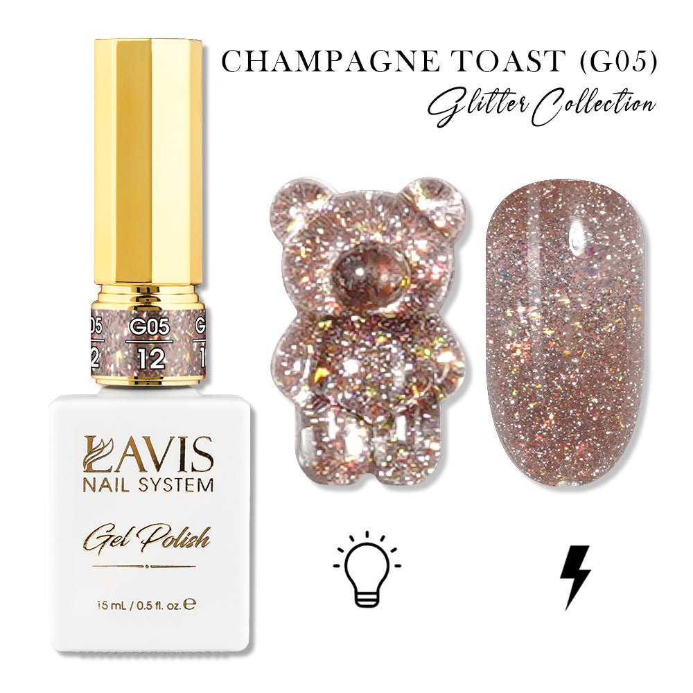 LAVIS Glitter G05 - 12 - Gel Polish 0.5oz - Champagne Toast Glitter Collection - DTK Nail Supply