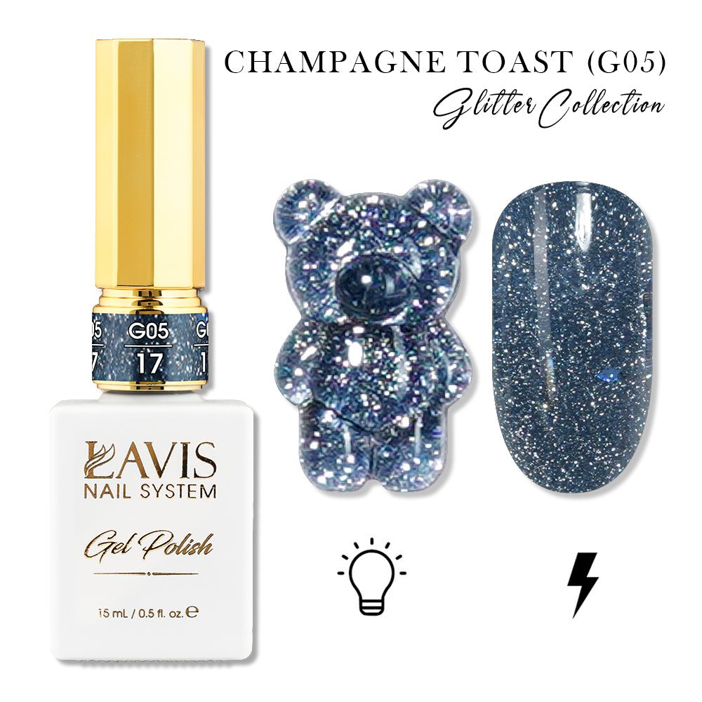 LAVIS Glitter G05 - 17 - Gel Polish 0.5oz - Champagne Toast Glitter Collection - DTK Nail Supply
