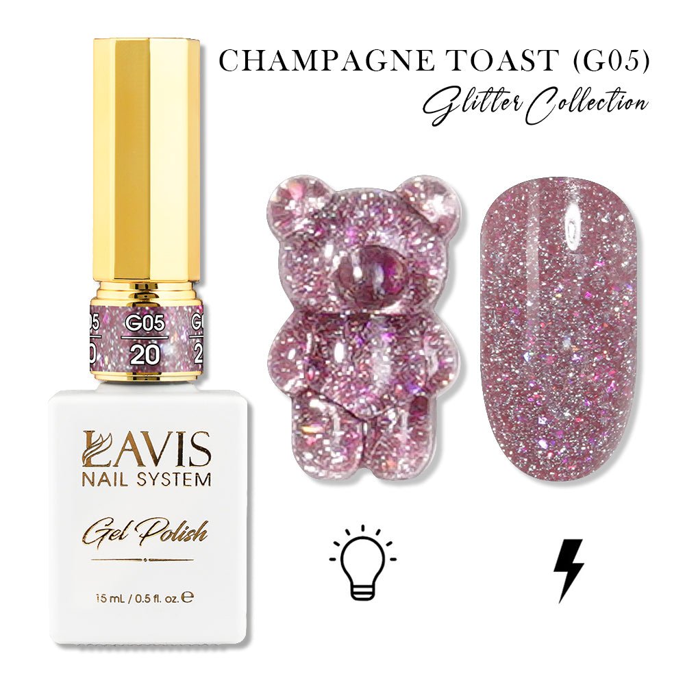 LAVIS Glitter G05 - 20 - Gel Polish 0.5oz - Champagne Toast Glitter Collection - DTK Nail Supply