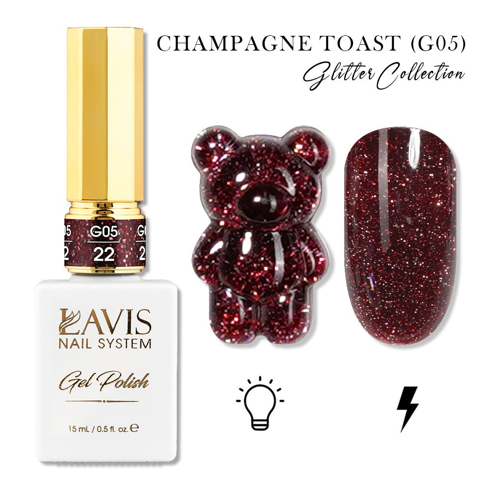LAVIS Glitter G05 - 22 - Gel Polish 0.5oz - Champagne Toast Glitter Collection - DTK Nail Supply