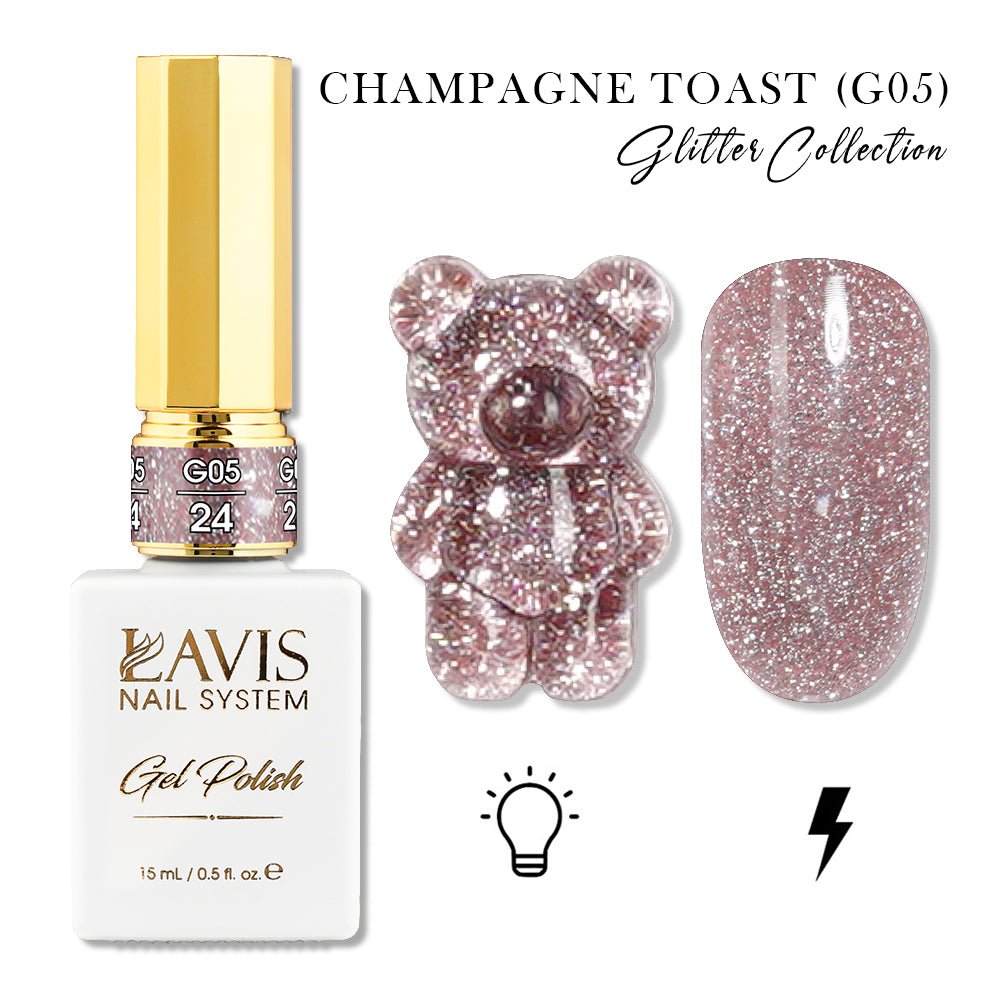 LAVIS Glitter G05 - 24 - Gel Polish 0.5oz - Champagne Toast Glitter Collection - DTK Nail Supply