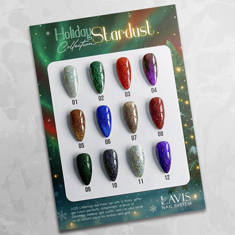 LAVIS Glitter Set 12 Colors - Gel Polish 0.5 oz - Holiday Stardust Collection - DTK Nail Supply