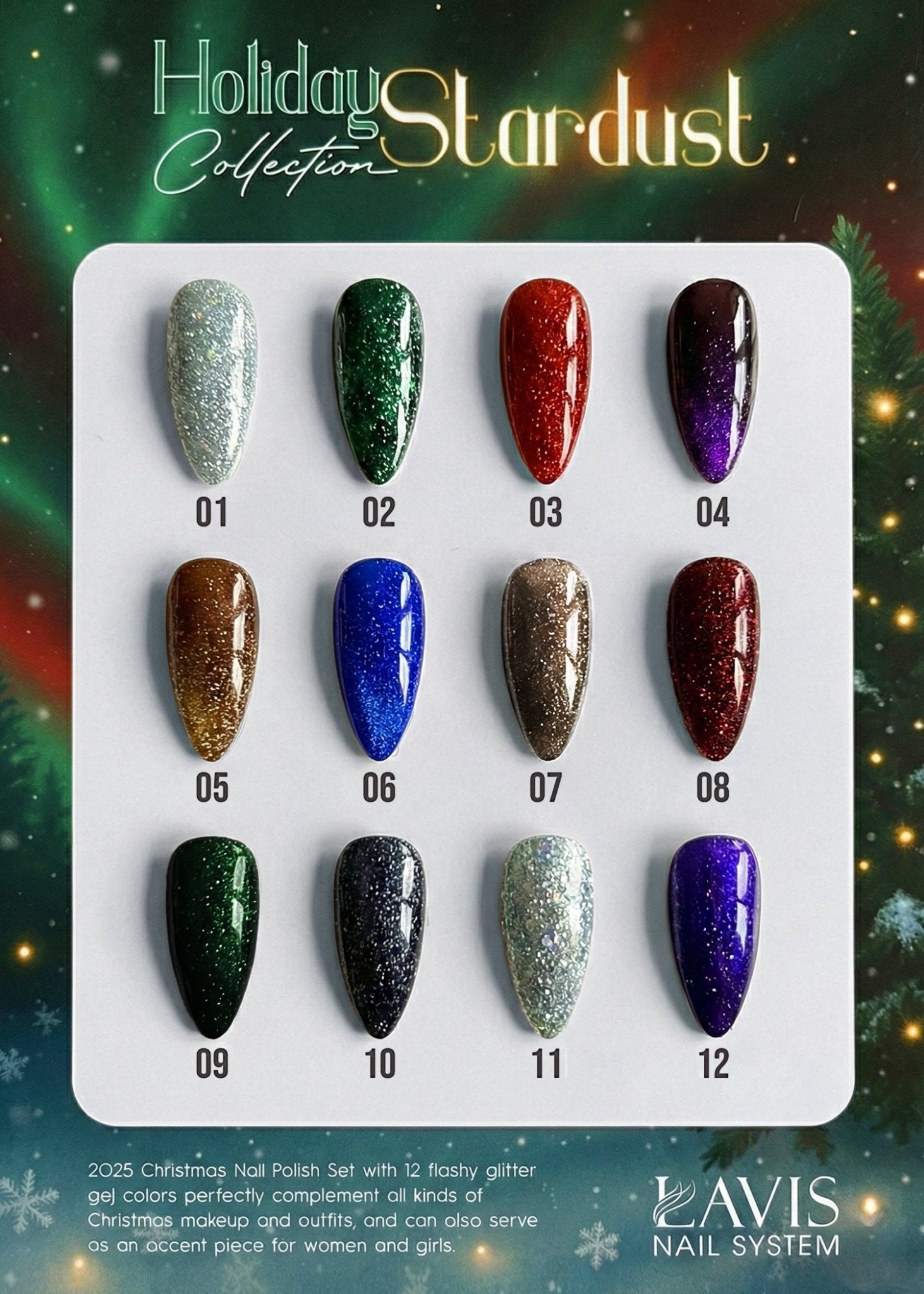 LAVIS Glitter Set 12 Colors - Gel Polish 0.5 oz - Holiday Stardust Collection - DTK Nail Supply