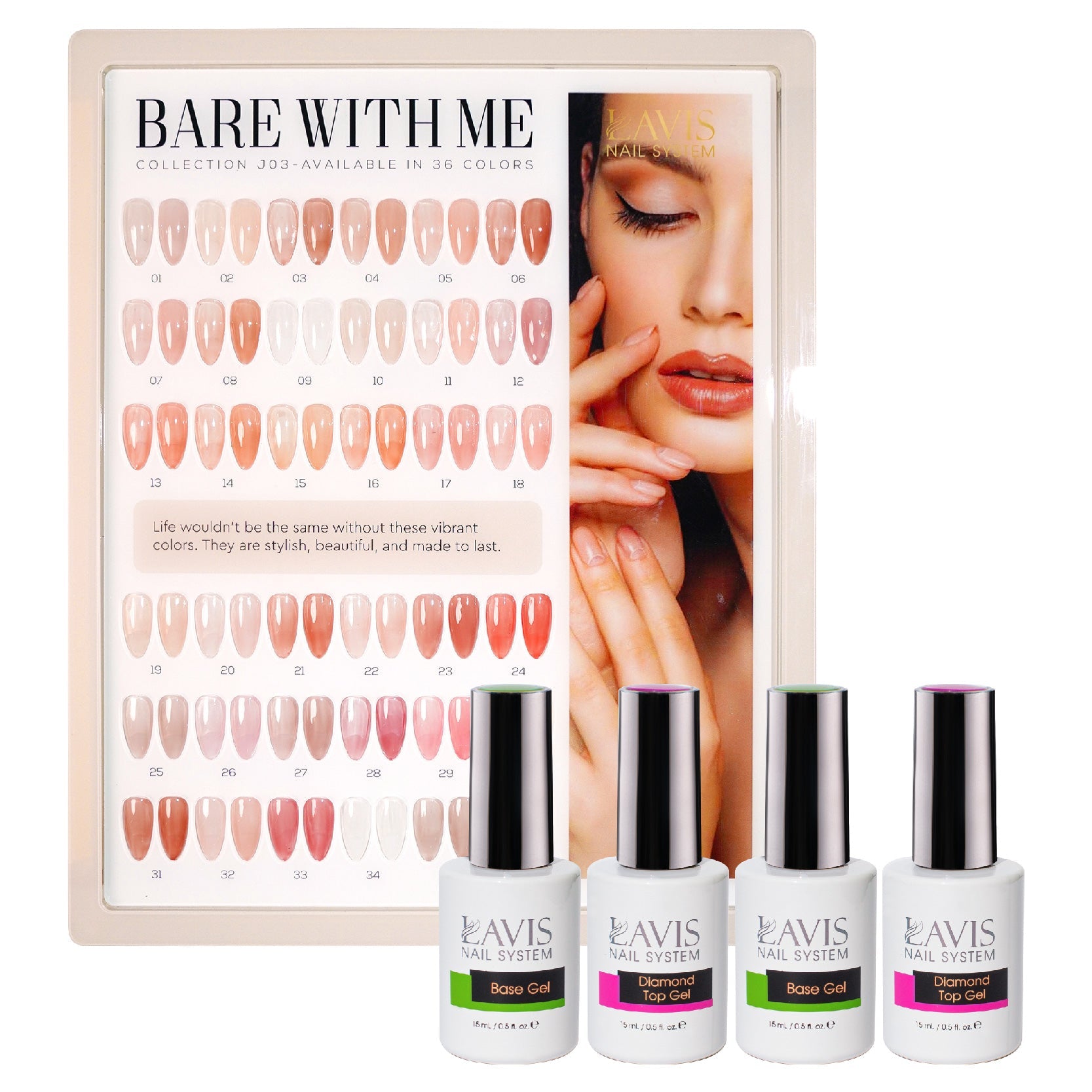 LAVIS J03 - Set 36 Colors - Gel Polish 0.5oz - Bare With Me Collection + Set Lavis Base Top - DTK Nail Supply