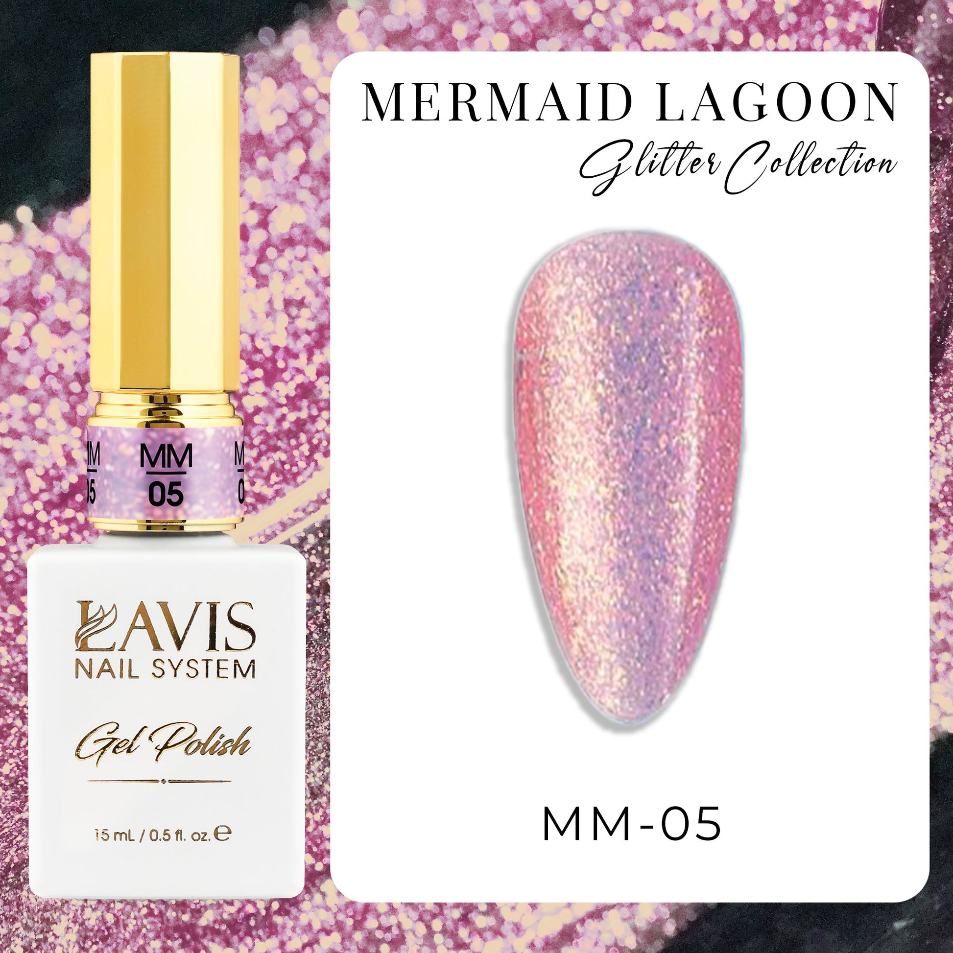 LAVIS MM 12 Colors - Gel Polish 0.5oz - Mermaid Lagoon Glitter Collection - DTK Nail Supply