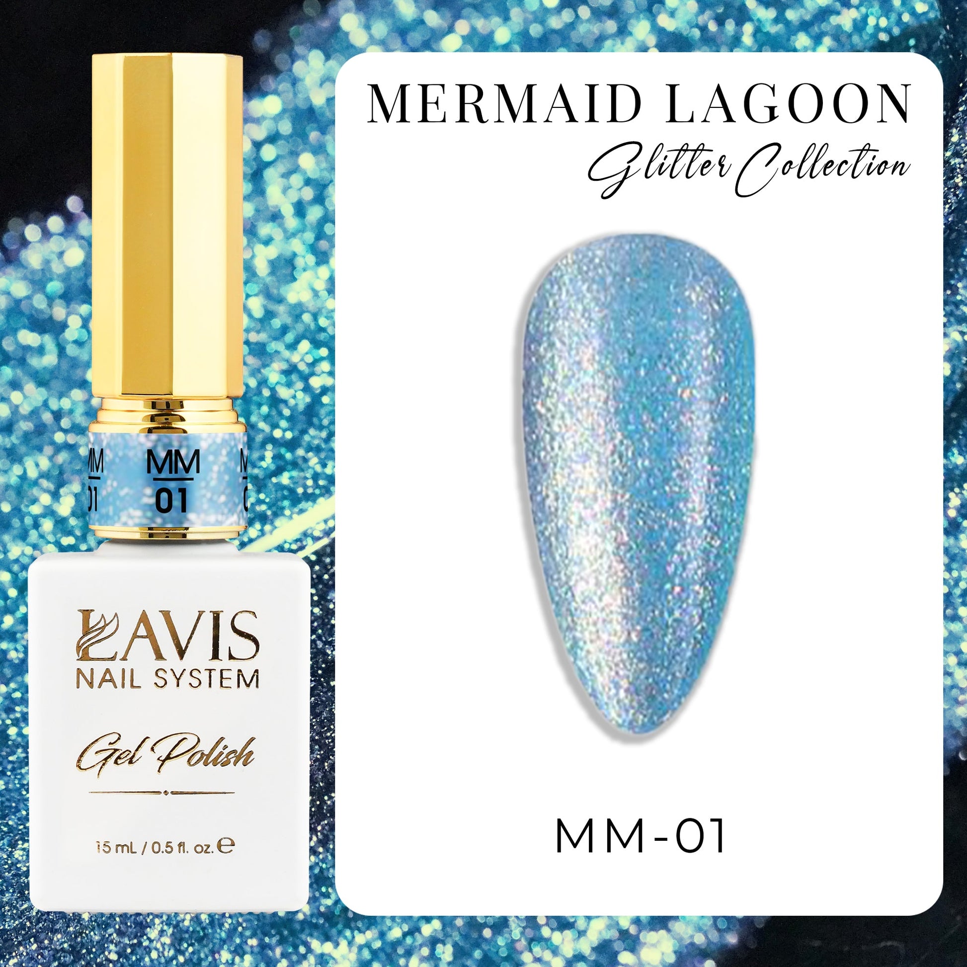 LAVIS MM 12 Colors - Gel Polish 0.5oz - Mermaid Lagoon Glitter Collection - DTK Nail Supply