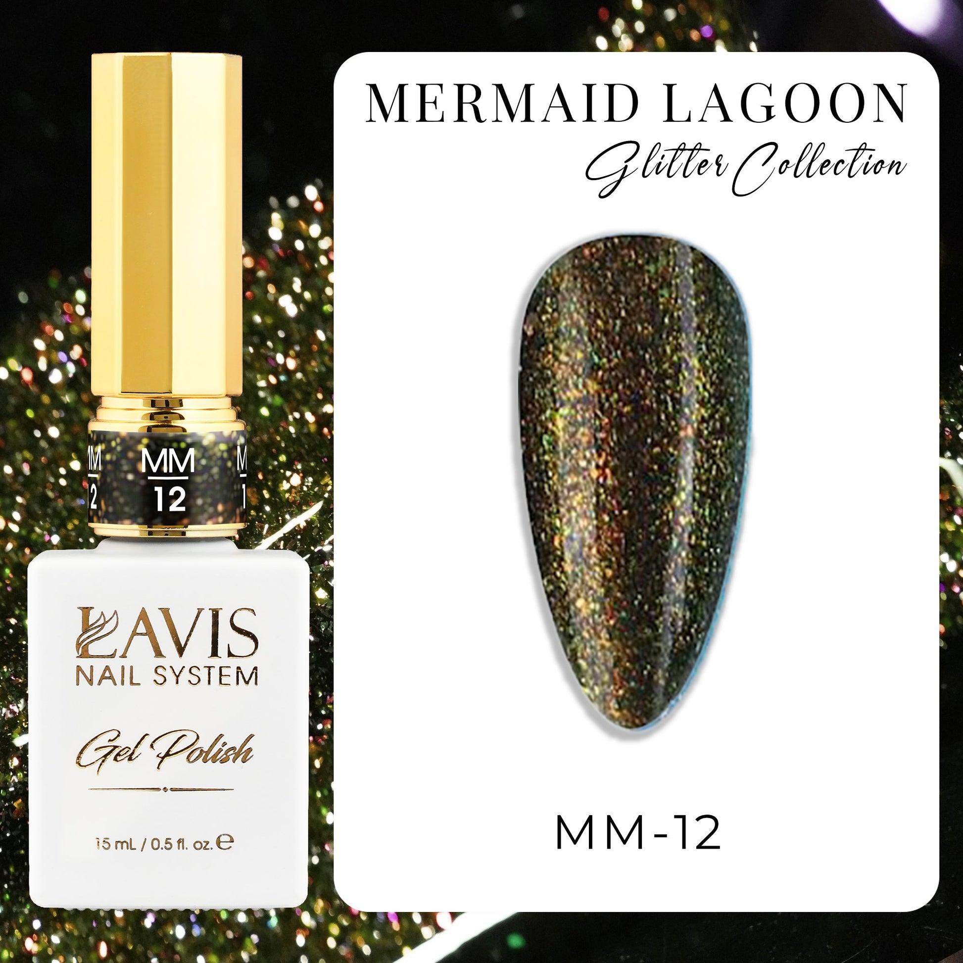 LAVIS MM 12 Colors - Gel Polish 0.5oz - Mermaid Lagoon Glitter Collection - DTK Nail Supply