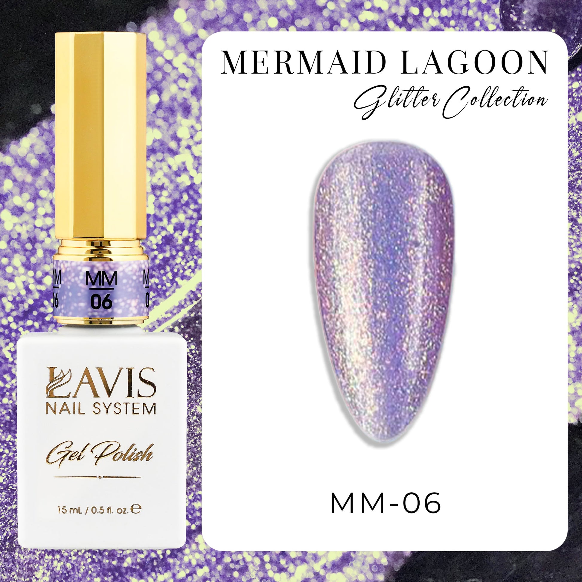 LAVIS MM 12 Colors - Gel Polish 0.5oz - Mermaid Lagoon Glitter Collection - DTK Nail Supply