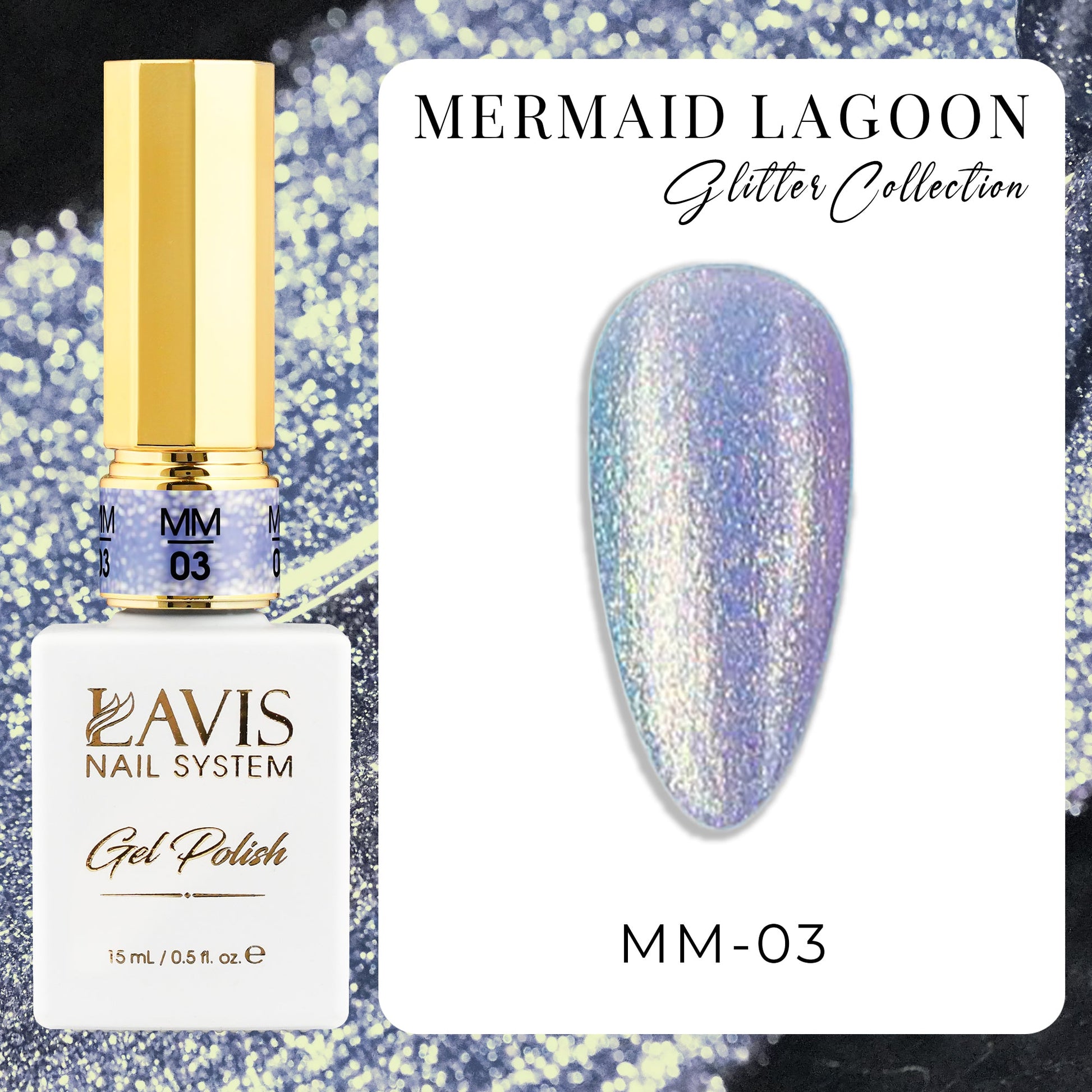 LAVIS MM 12 Colors - Gel Polish 0.5oz - Mermaid Lagoon Glitter Collection - DTK Nail Supply