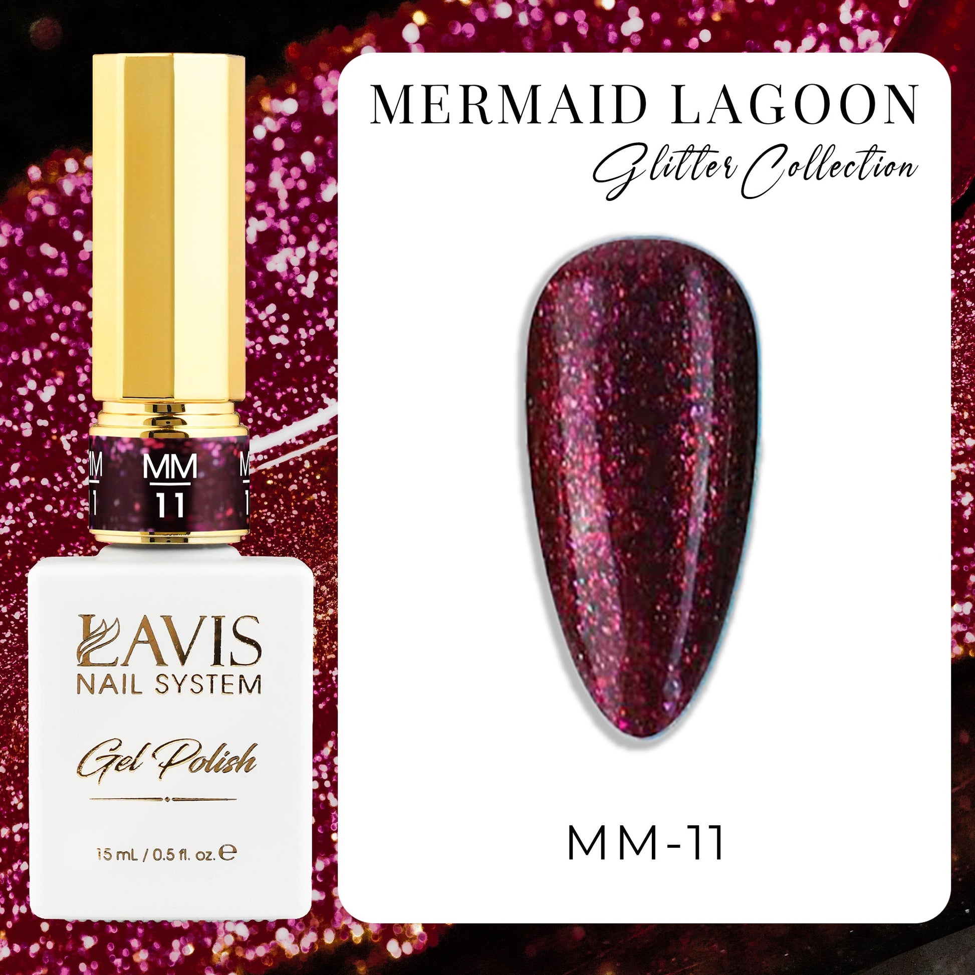 LAVIS MM 12 Colors - Gel Polish 0.5oz - Mermaid Lagoon Glitter Collection - DTK Nail Supply