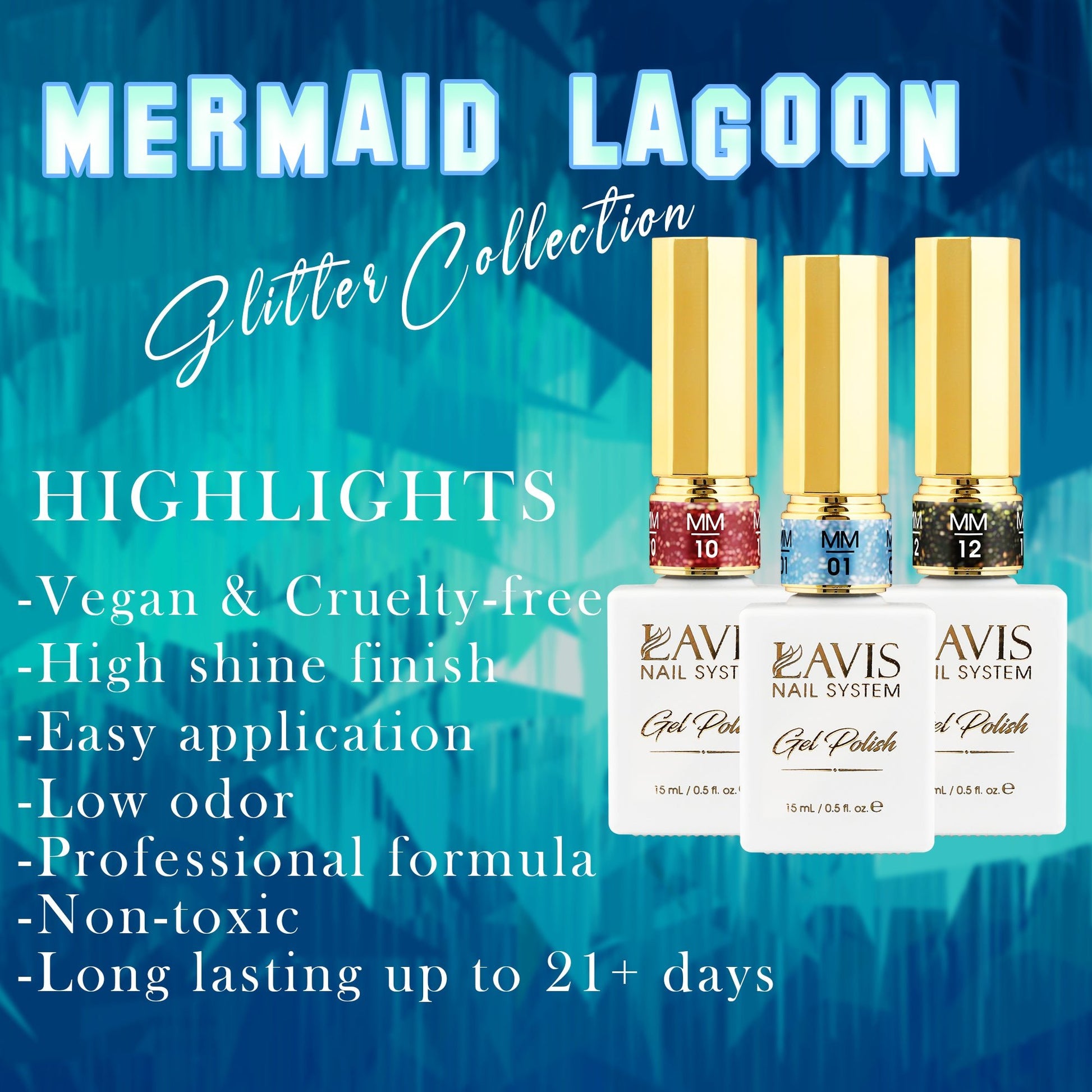 LAVIS MM10 - Gel Polish 0.5oz - Mermaid Lagoon Glitter Collection - DTK Nail Supply