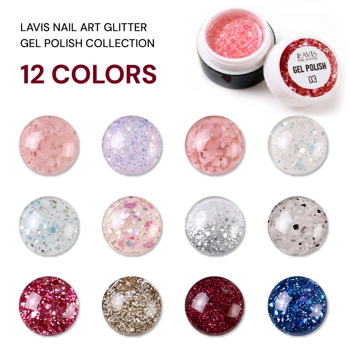 LAVIS Nail Art Glitter Gel Polish — 12 Shimmer Accent Nail Art Gel - DTK Nail Supply