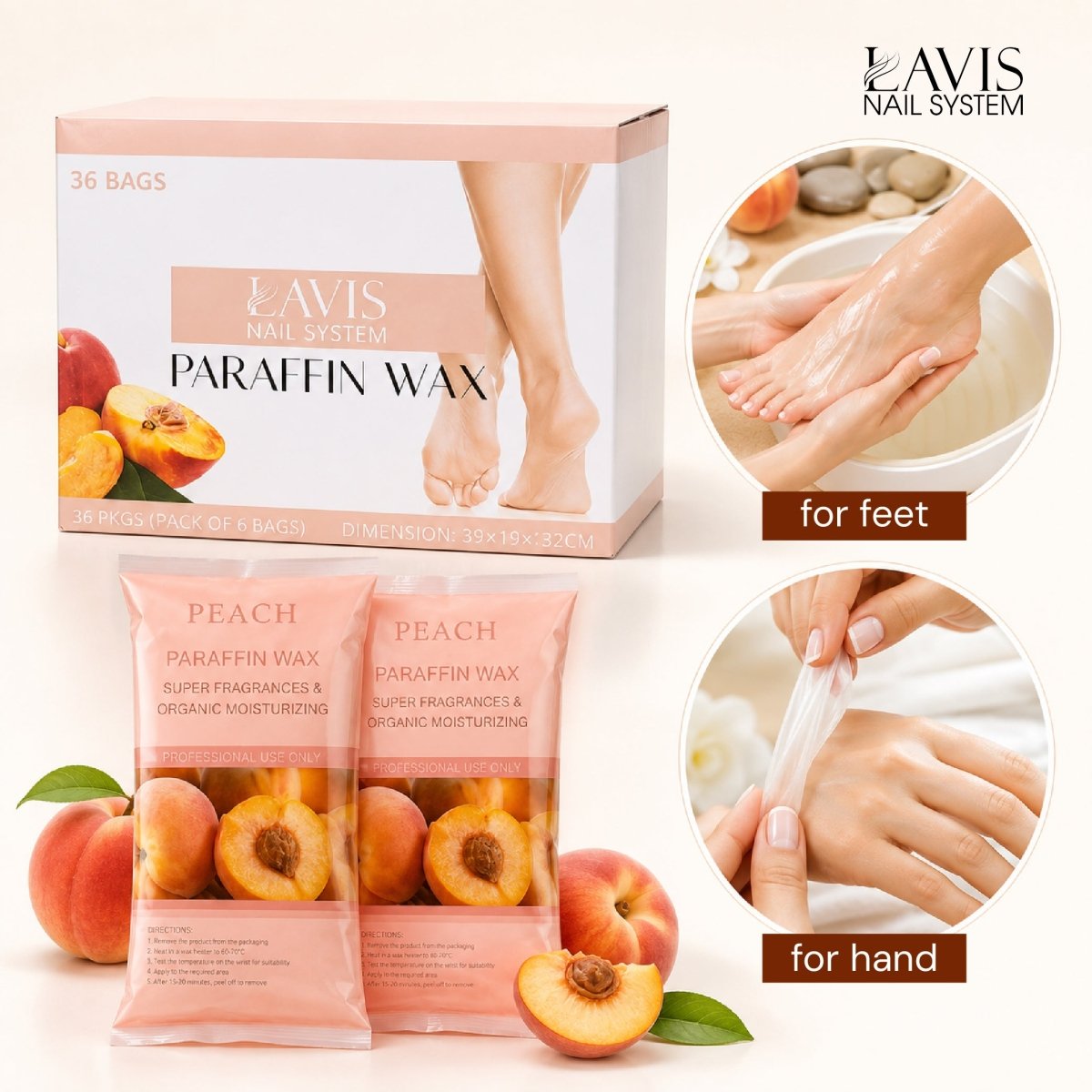 LAVIS Paraffin Wax Peach Set 6Pcs/Box - 6 Box/Case - DTK Nail Supply
