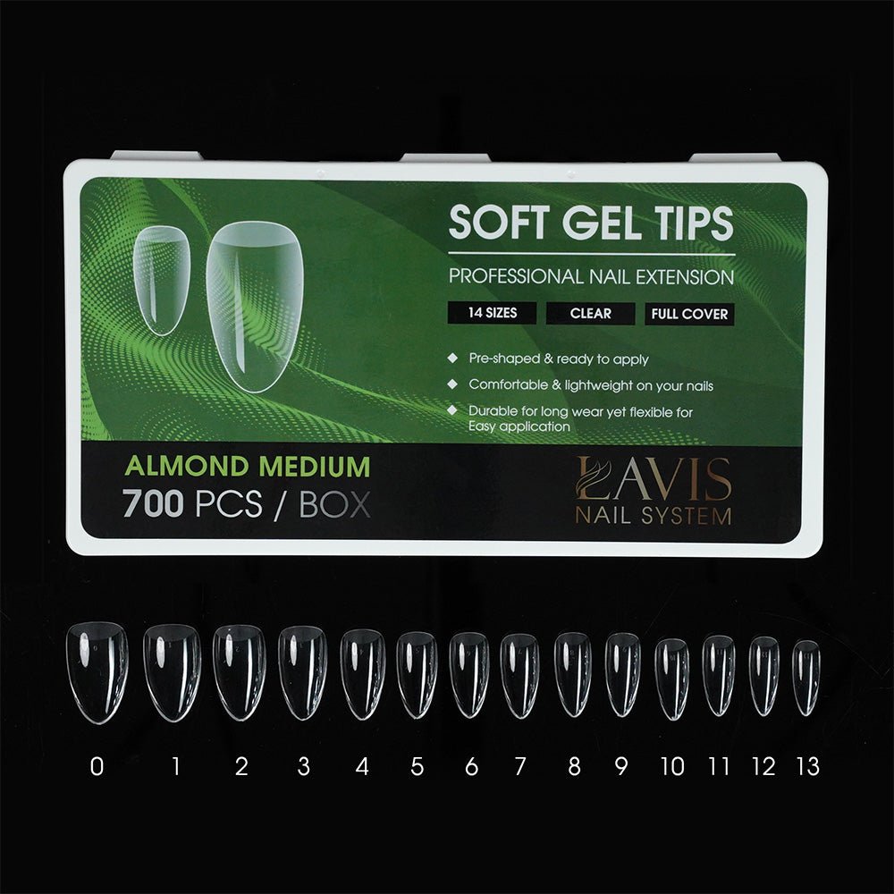 LAVIS Perfect Almond Medium - 14 Sizes Clear - Soft Gel Tips - DTK Nail Supply