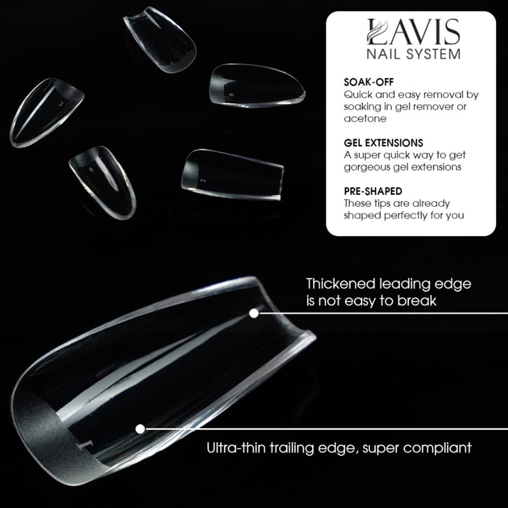 LAVIS Perfect Almond Medium - 14 Sizes Clear - Soft Gel Tips - DTK Nail Supply