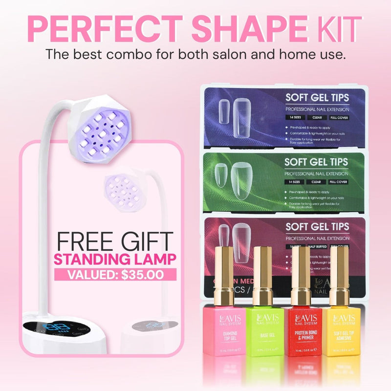 LAVIS Perfect Shape Kit Soft Gel Tips Coffin, Square, Almond Medium + Set 4 Base Top Gels + FREE LAVIS Mini UV LED Standing Nail Lamp 27W - DTK Nail Supply