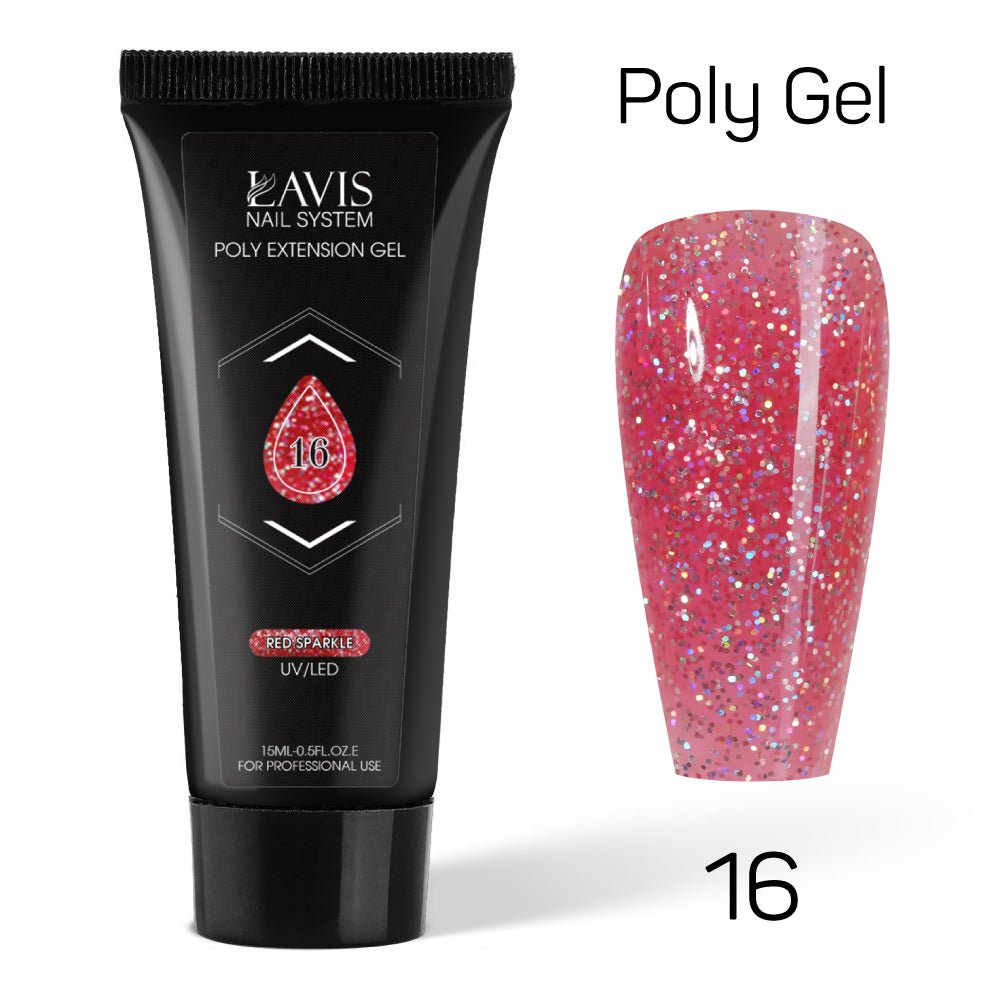 LAVIS Poly Extension Gel 15ml - 16 - Red Sparkle - DTK Nail Supply