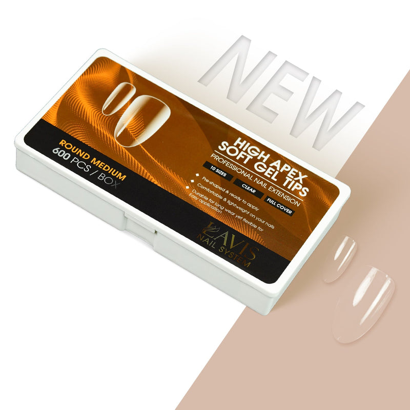 LAVIS Round Medium - 10 Sizes Clear - High Apex Soft Gel Tips - DTK Nail Supply